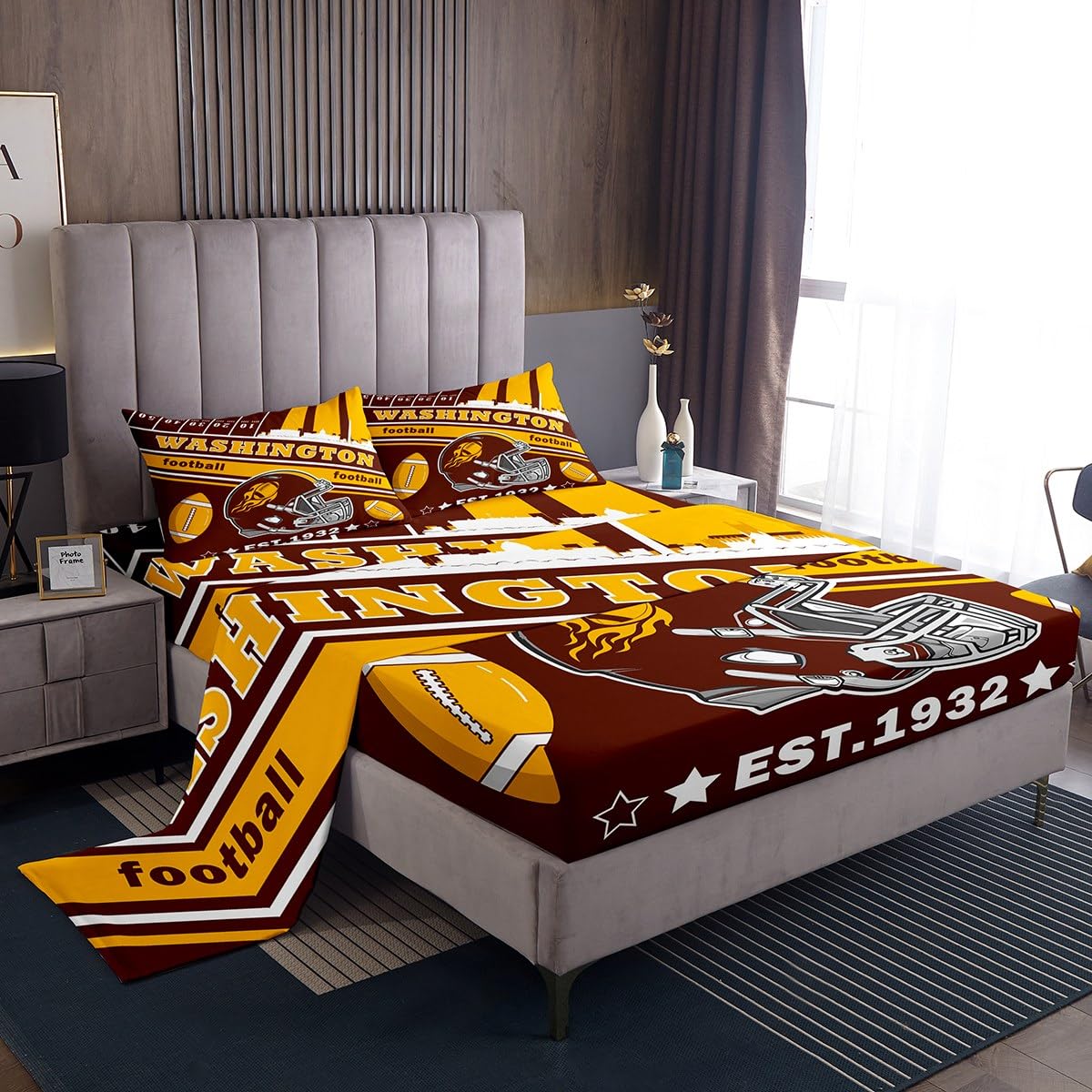 Feelyou Football Bed Sheets Set Boys Twin Size Women Men Football City Fitted Sheet with 16 Inch Deep Pockets Rugby Sports Bedding Set