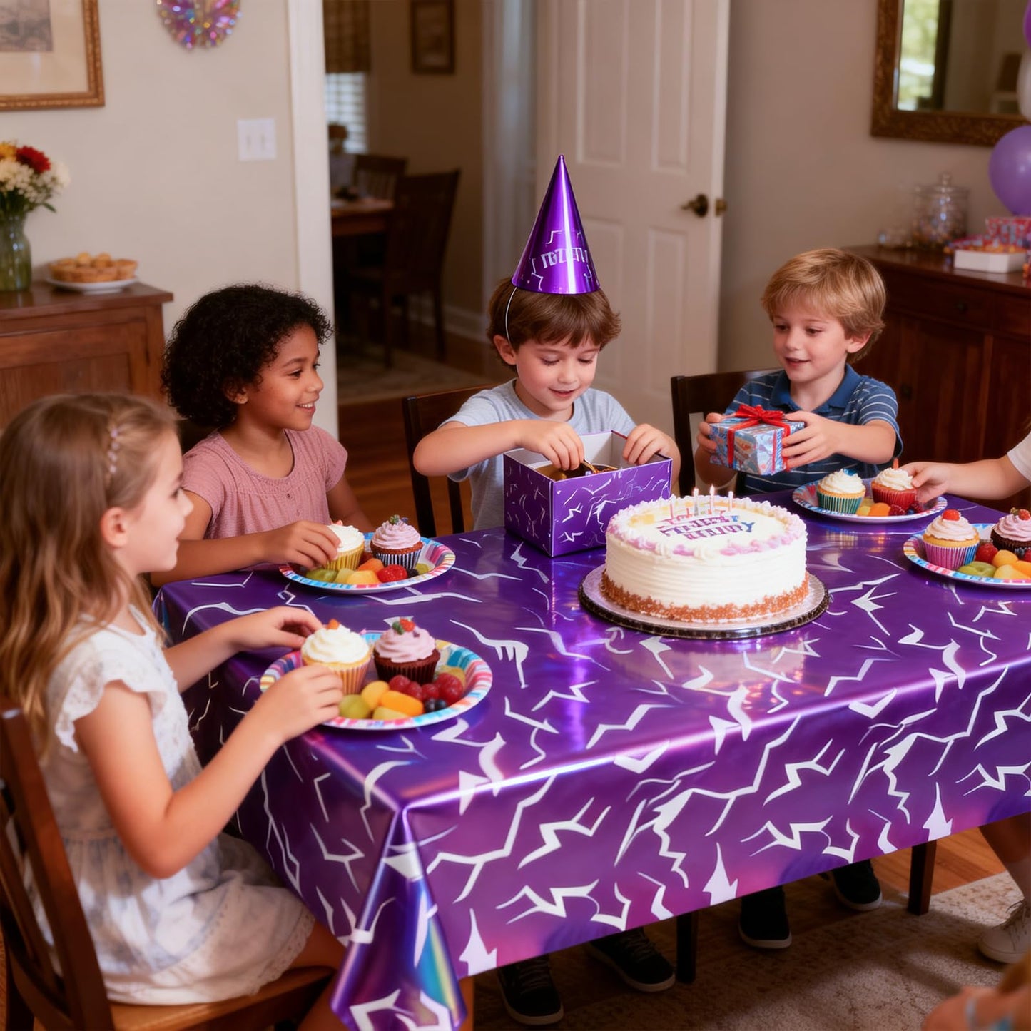 2 Pack Iridescent Holographic Laser Tablecloths, Purple Lightning Demon Energy Table Covers, Disposable Waterproof Birthday Plastic Table Covers for Girls Korean Idol Themed Disco Bachelorette Party
