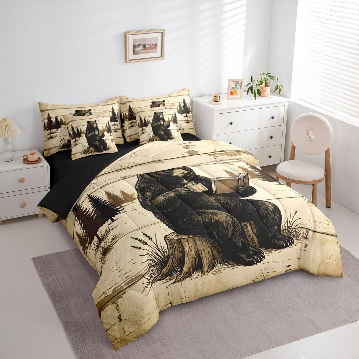 Feelyou Bear Comforter Set Twin Size 7 Pieces Rustic Cabin Country Bedding Set for Kids Boys Girls Lake Life Bed in a Bag with Comforter, Sheets, Pillowcases, Cushion Covers Wild Animal Bedroom Decor