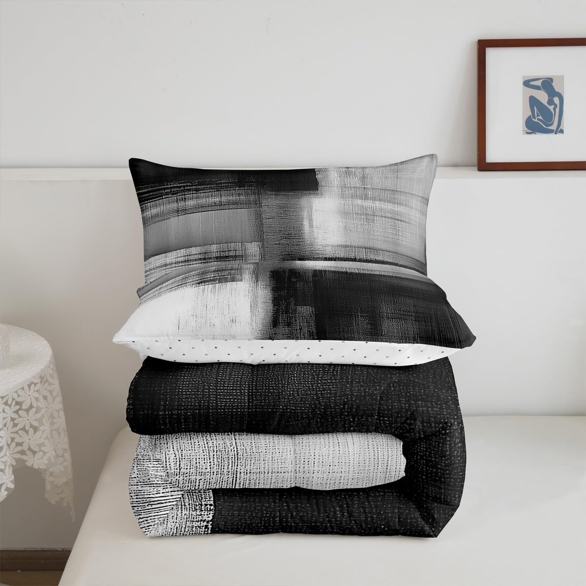 Feelyou Gray Abstract Art Comforter Set for Kids Boys Girls Modern Art Bedding Set Queen Size Abstract Oil Painting Duvet Quilt Geometric Bedroom Decor Breathable Soft Lightweight Microfiber 3Pcs