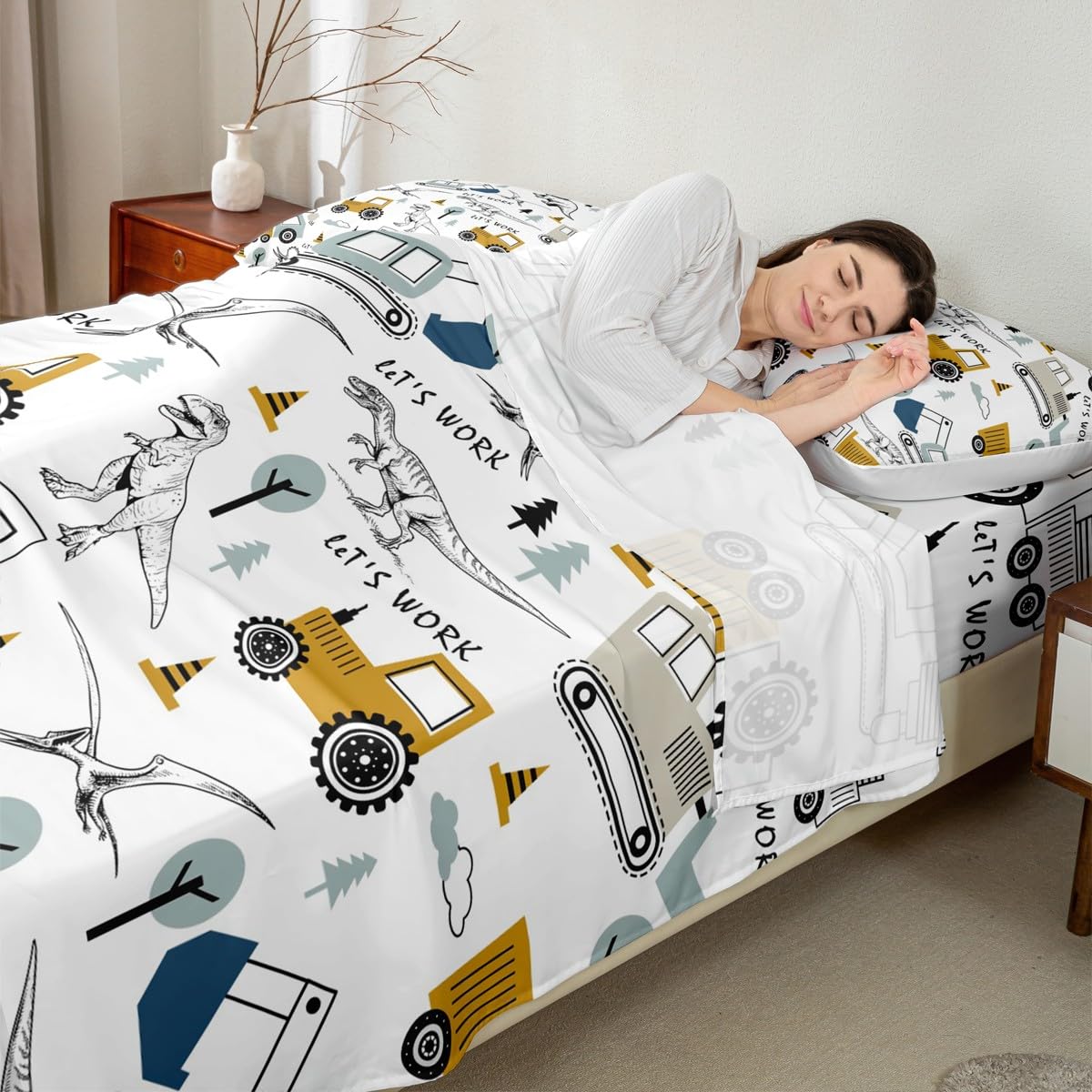Construction Sheet Set Full Size Kids Cartoon Car Excavator Tractor Toddler Sheets with Deep Pocket Fitted Sheet Equipment Trucks Dinosaur Bed Sheets Set Construction Vehicles White Yellow Bedding Set