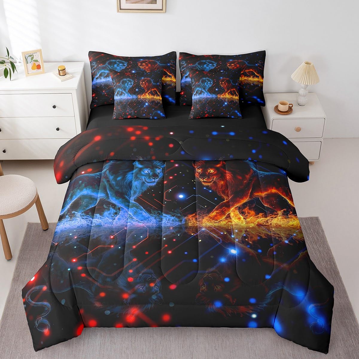 Lion Bed Set Wild Animal 7 Pieces Bedding Set for Kids Safari Print Bed in a Bag with Comforter, Sheets, Pillowcases Women Men Ultra Soft Decor Dot All Season Breathable Lightweight Twin Size