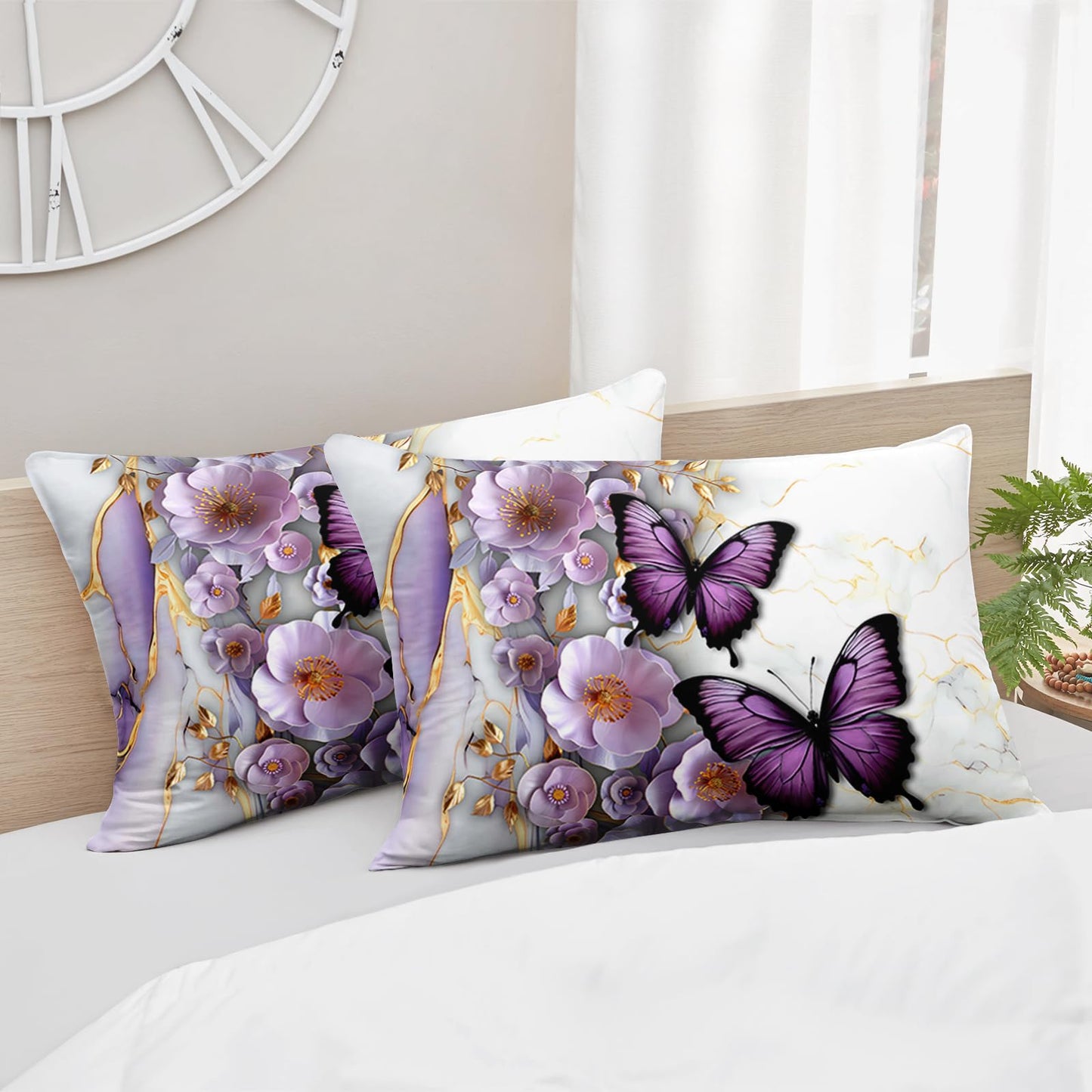 AILONEN Purple Floral Butterfly Comforter Set Twin Size,Gold White Marble Flower Bedding Set for Kids Girls Women,1 Quilt with 2 Pillowcases-3 Pieces