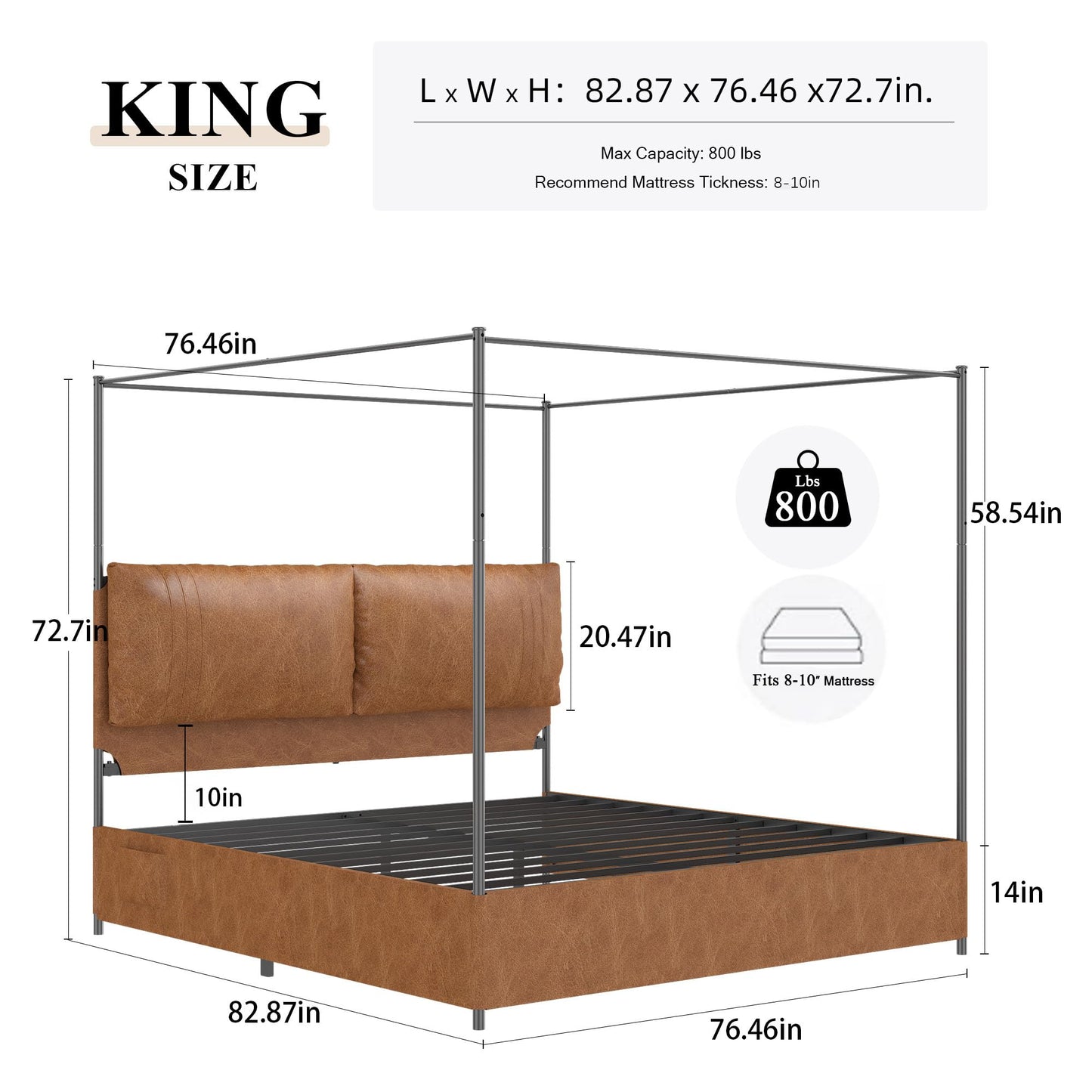 madeslves King Size Upholstered Canopy Bed Frame with Headboard, Heavy Duty Metal Slats Support, No Box Spring Needed, Easy Assembly, Brown