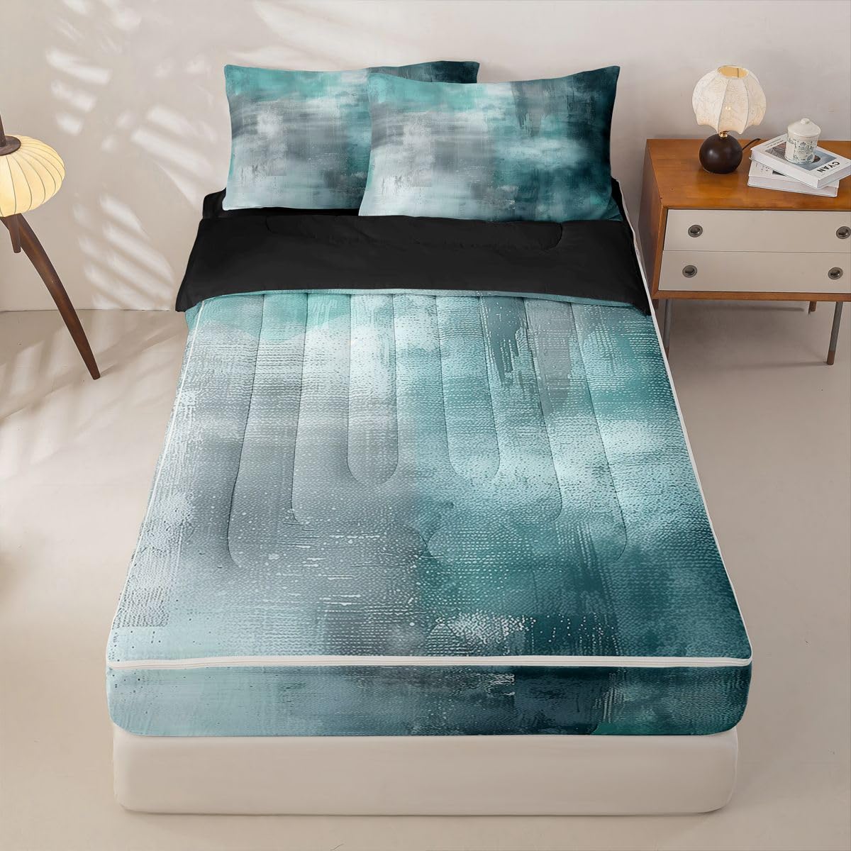 jejeloiu Abstract Twin Zipper Bedding Set Modern Art Kids Comforter Set with Fitted Sheet and 2 Pillowcases Cyan Bed in a Bag Zip Up Bedding Soft Microfiber