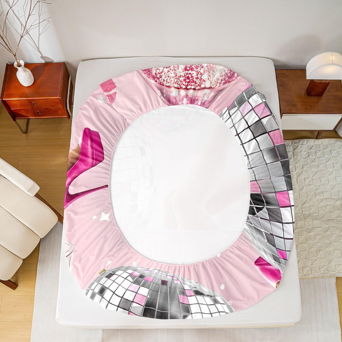 Erosebridal Pink Disco Ball Sheet Set King Size for Teens Girls Retro 70s Cherry Bow Preppy Bed Sheets Lips Modern Sheets Fantasy Fashion Coquette Aesthetic Bedding Set for Women