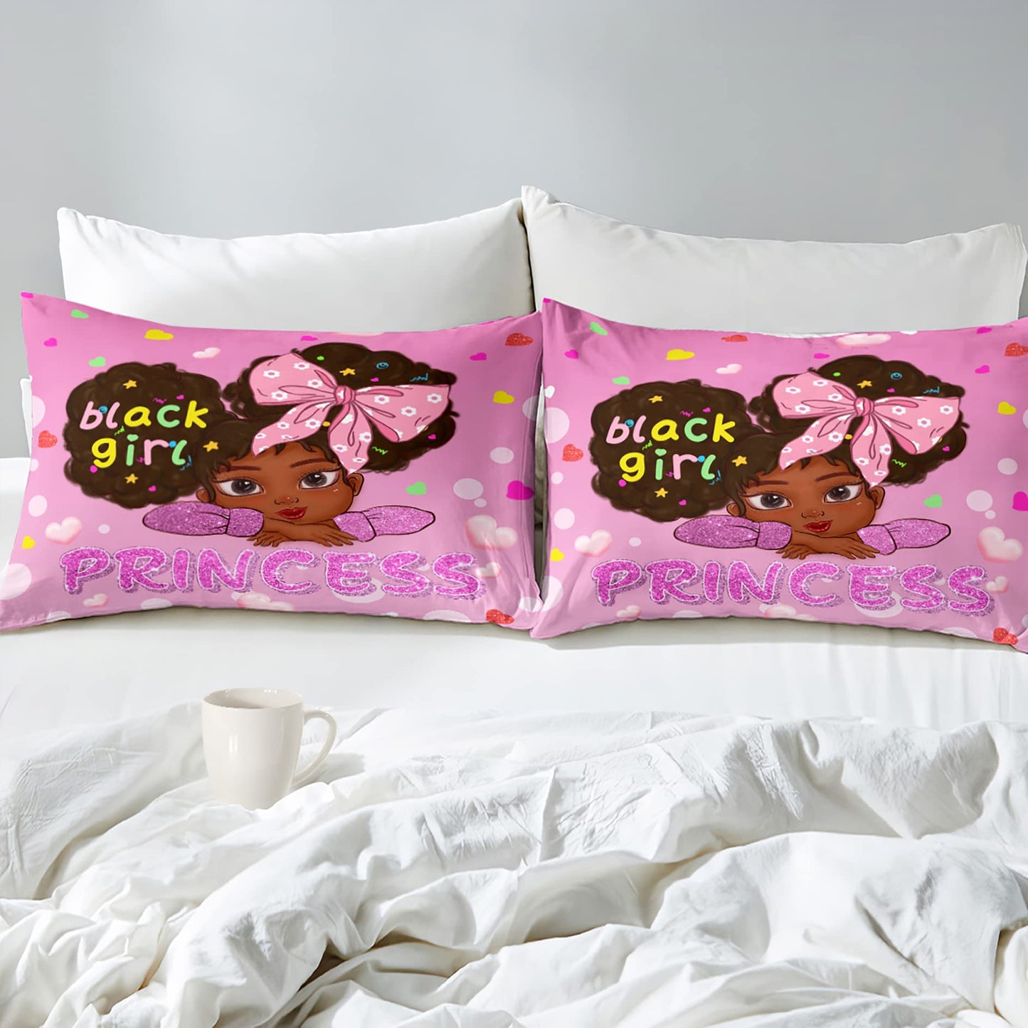 Jiospet Black Girl Full Size Comforter Sets for Girls-Black African Girls Bedding Sets Pink Princess Full Size Comforters Sets Kids Room, Full (1 Comforter 2 Pillowcases)