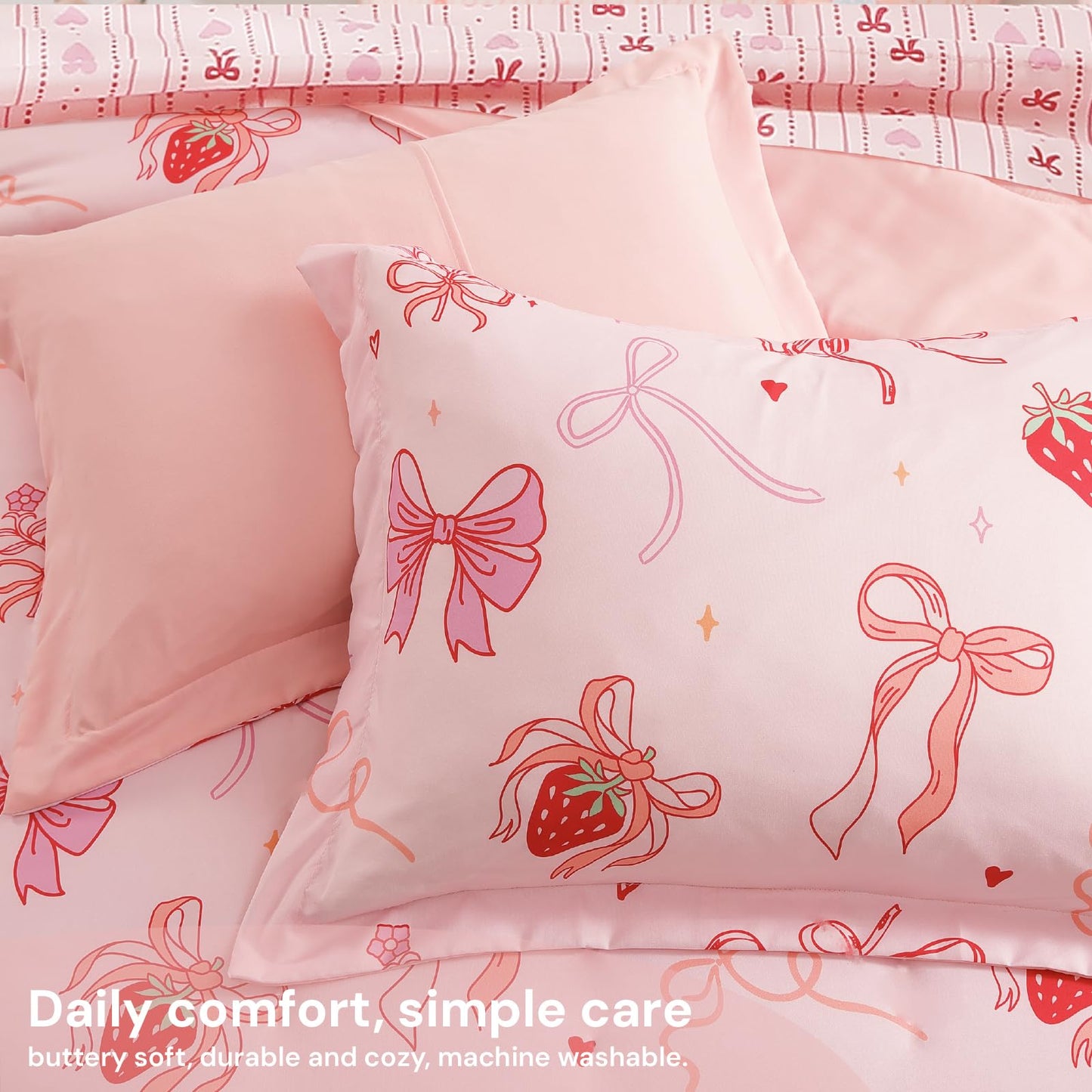 BLOOMHAVEN Twin XL Comforter Set for Girls, 5 Pieces Pink Bedding Set with Strawberry Bow, All Seasons Kids Twin Comforter Set with Sheets, Pillowcase & Sham
