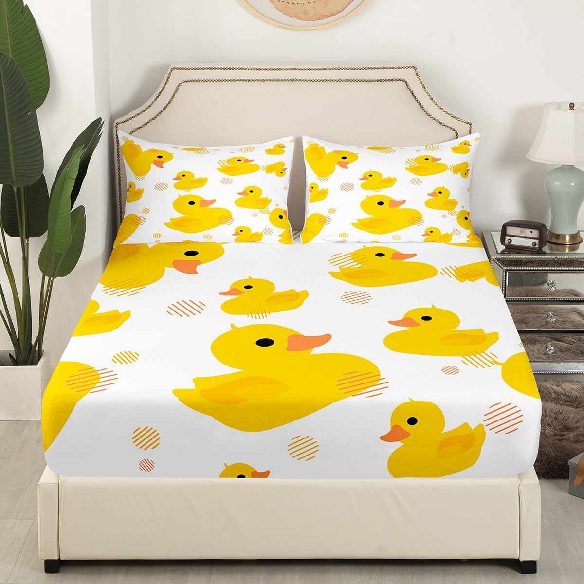 Erosebridal Cartoon Duck Sheets Set Kawaii Yellow Duck Bedding Set - Full Size Farmhouse Animal Fitted Sheet + Top Sheet + 2 Pillowcases