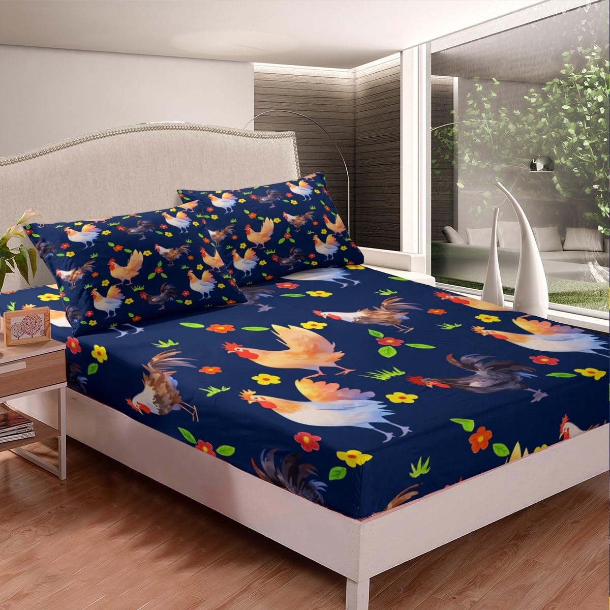 Erosebridal Rooster Sheet Set for Kids Boys Girls Child,Colorful Chicken Bed Sheets Full Size,Cartoon Botanical Flowers Bedding Set,Farmhouse Animal Fitted Sheet + Top Sheet + 2 Pillowcases