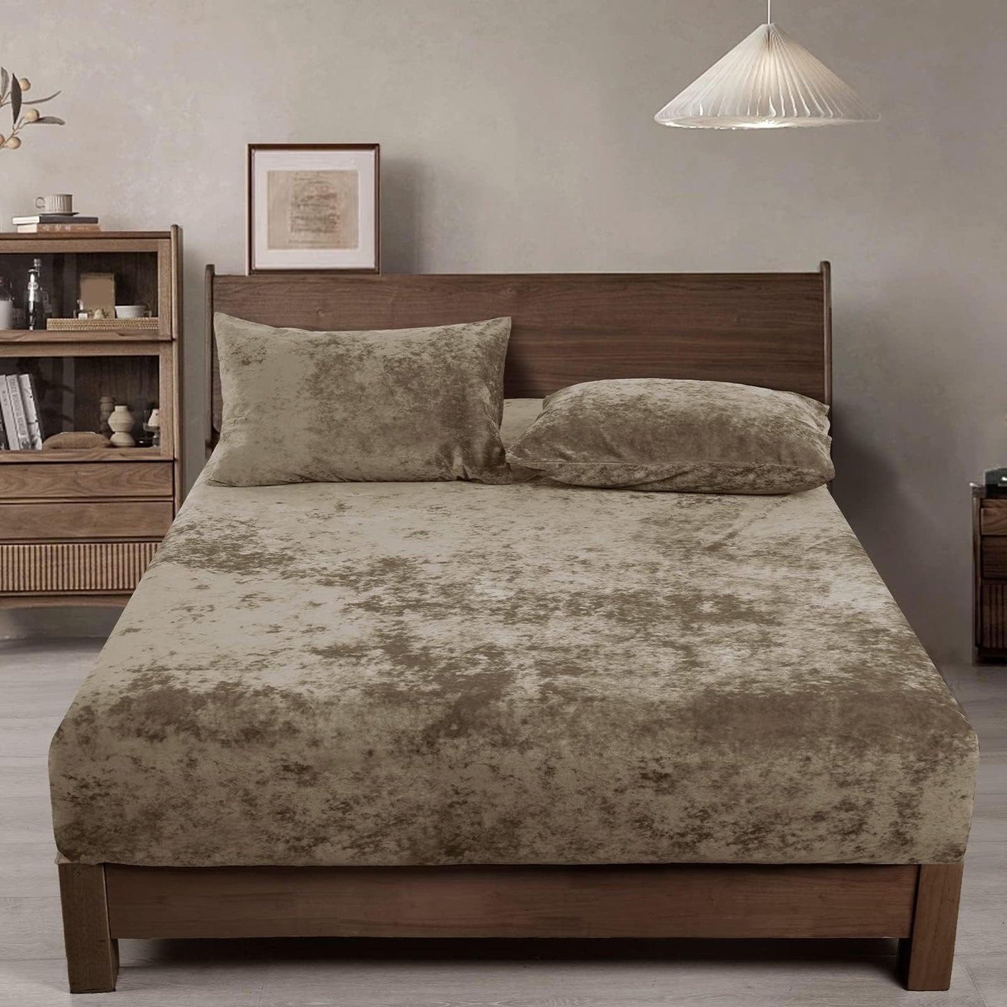 PHF Truly Velvet Fitted Sheet Only Queen Size, Luxury Super Soft Cozy Fuzzy Fleece Bottom Sheet, Deep Pocket Up to 16",Strenghth Elastic Band,Suitable for Fall Winter Spring, No Pillowcases, Khaki