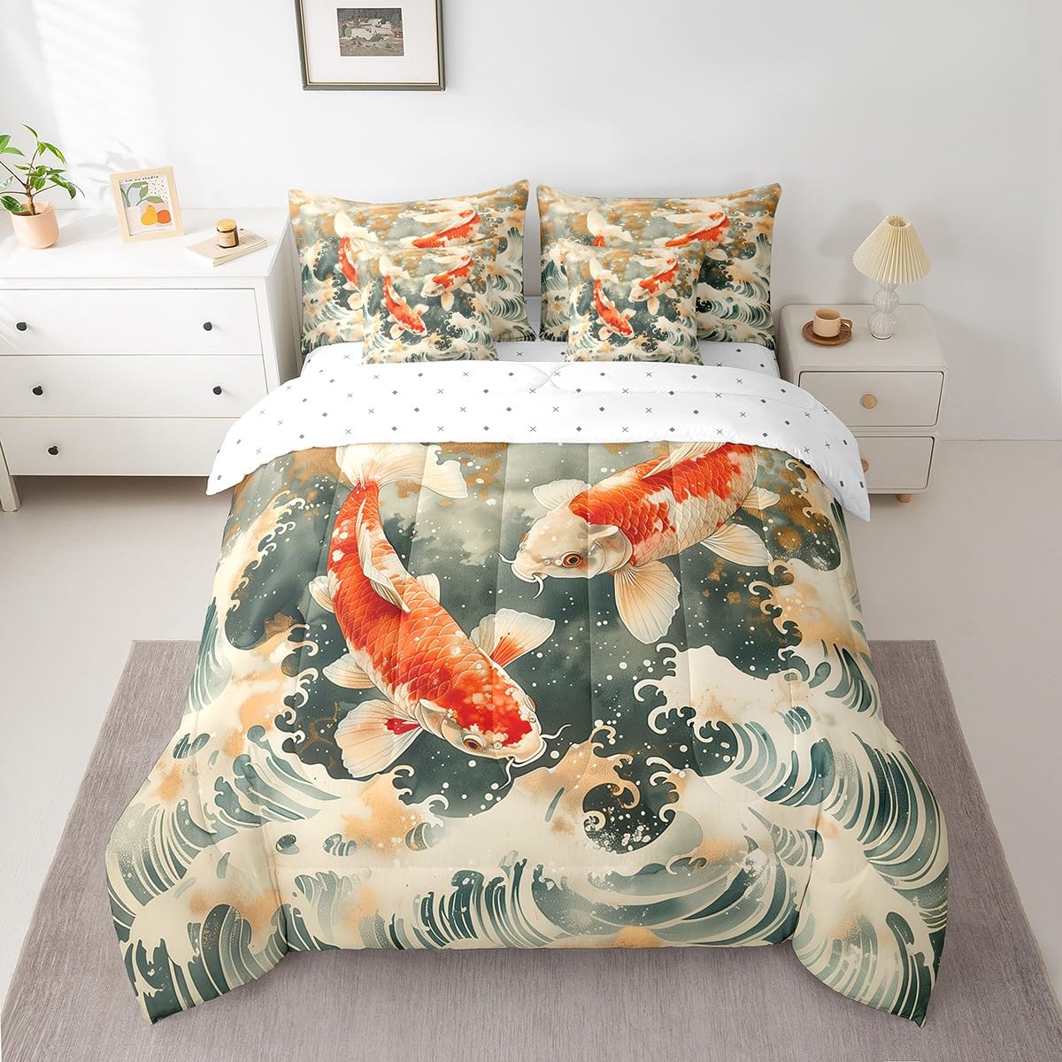 Erosebridal 7 Piece Koi Fish Queen Comforter Set,Japanese Ocean Waves Bedding Set with Sheets,Vintage Oriental Theme Bed in a Bag Ukiyoe Style Bed Set with Fitted Sheet,Flat Sheet,Pillowcases