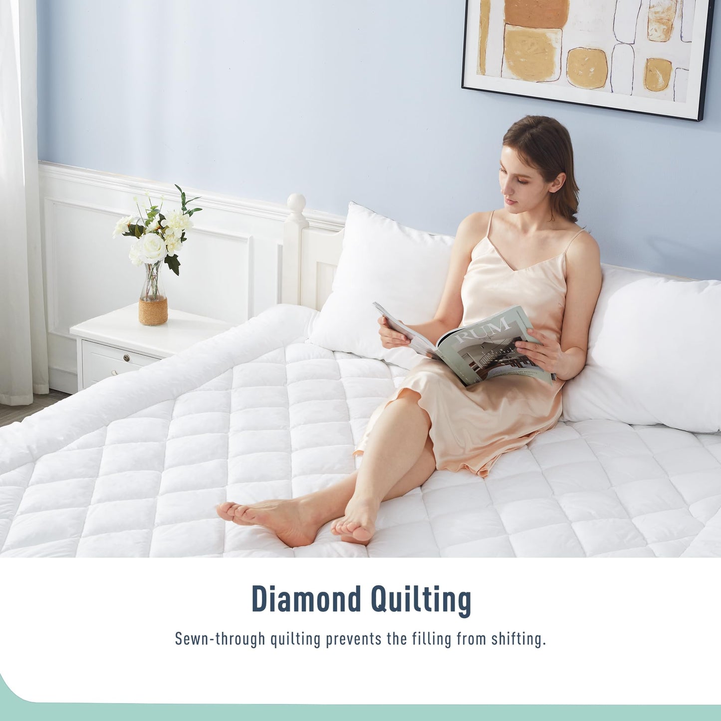 HOMTEC King Mattress Pad Cotton Mattress Pad Cover Quilted Mattress Cover 18-22" Deep Pocket Mattress Protector King Size Thin Down Alternative Filling Noiseless & Breathable