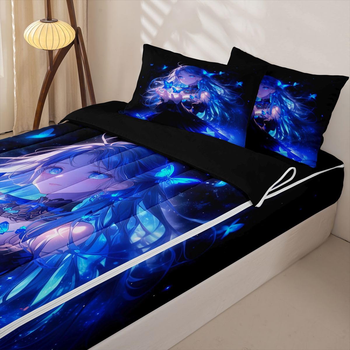 Erosebridal Japanese Girl Zipper Bedding Twin Size, Anime Gifts Kids Comforter Set - Butterfly Decorations Zip Up Comforter Bed in A Bag