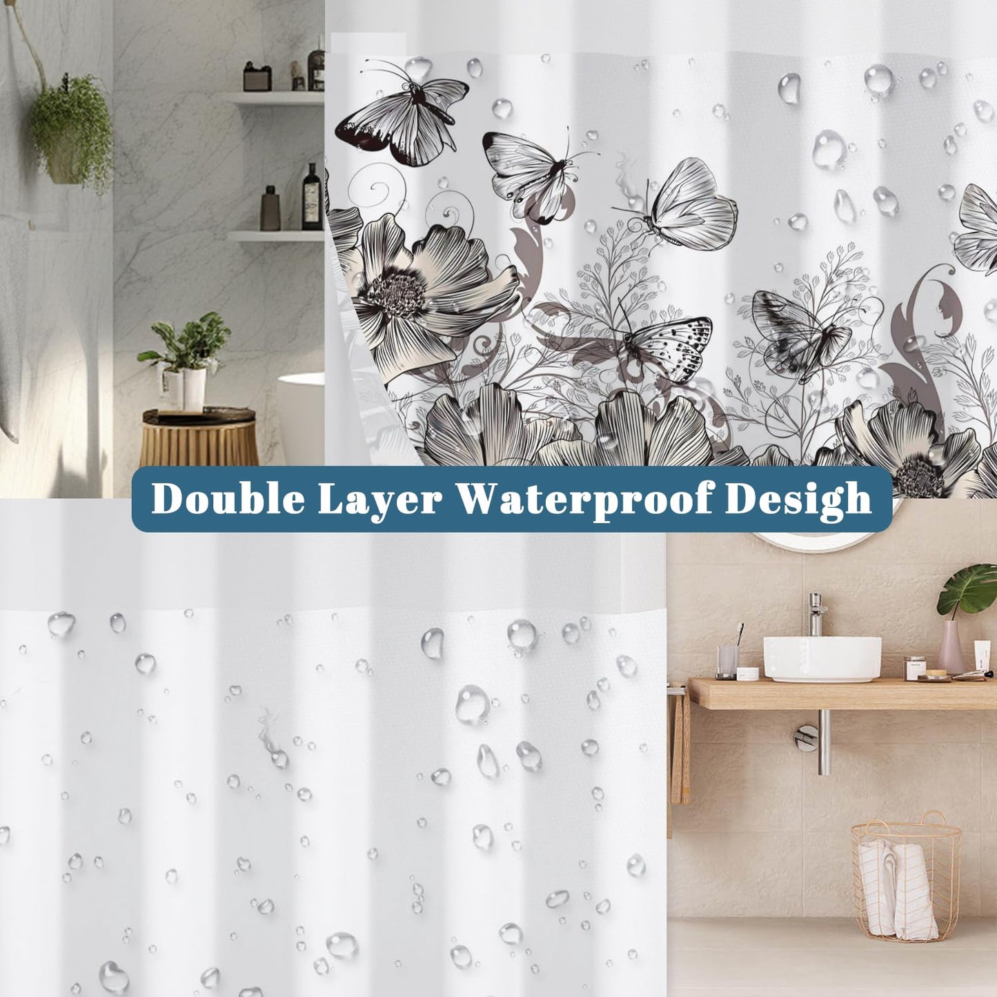 Xiazhilaio Butterfly Floral Shower Curtain with Snap in Liner, Waterproof Double Layer Bath Curtain with Mesh Top Window - Artistic Botanical Design for Farmhouse, Boho & Modern Bathroom, 71″W x 74″L