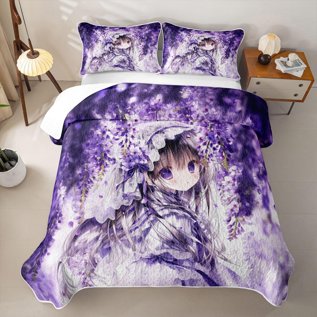 Erosebridal Lilac Flower Girl Quilt Twin Size - Purple Spring Floral Bedspread Anime Girl Bed Coverlet with 1 Pillowcase