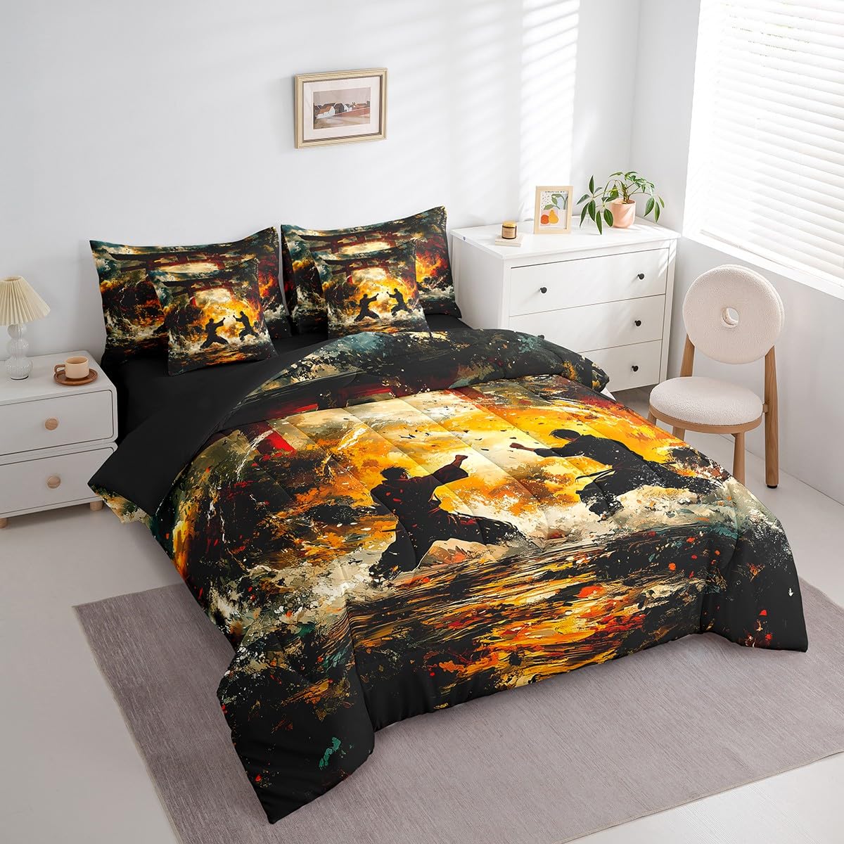 Feelyou Kids Taekwondo 7 Pieces Bedding Set Queen Size, Japanese Style Comforter Set with Sheets Samurai Bed in A Bag Boys Girls Kungfu Teens Bed Set Bedroom Decor 7Pcs