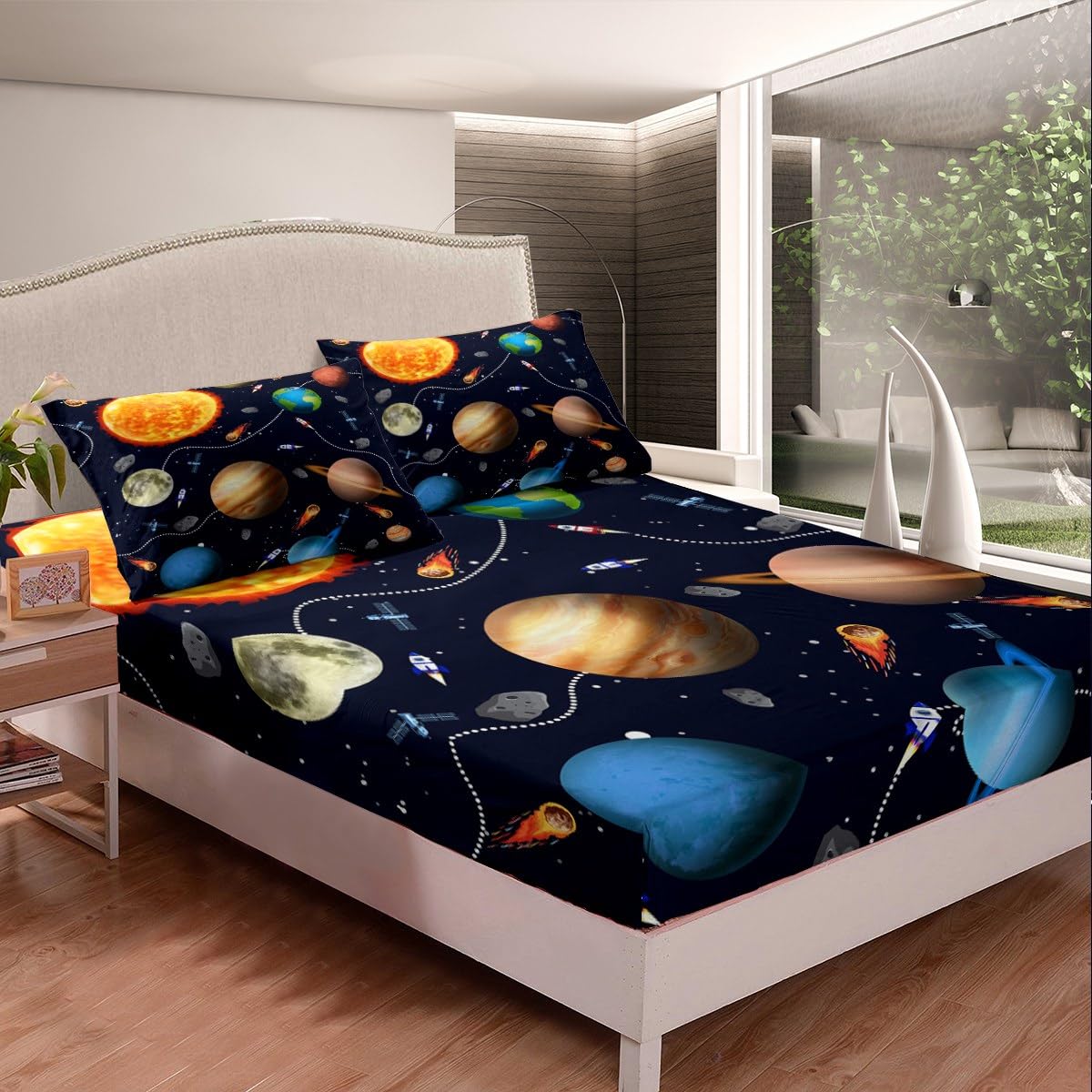 Erosebridal Solar System Sheet Set Full,Astronomy Planets Bed Sheets for Kids Boys Girls,Child Outer Space Theme Bedding Set Bedroom Decor,Rocket Starry Sky Fitted Sheet + Top Sheet + 2 Pillowcases