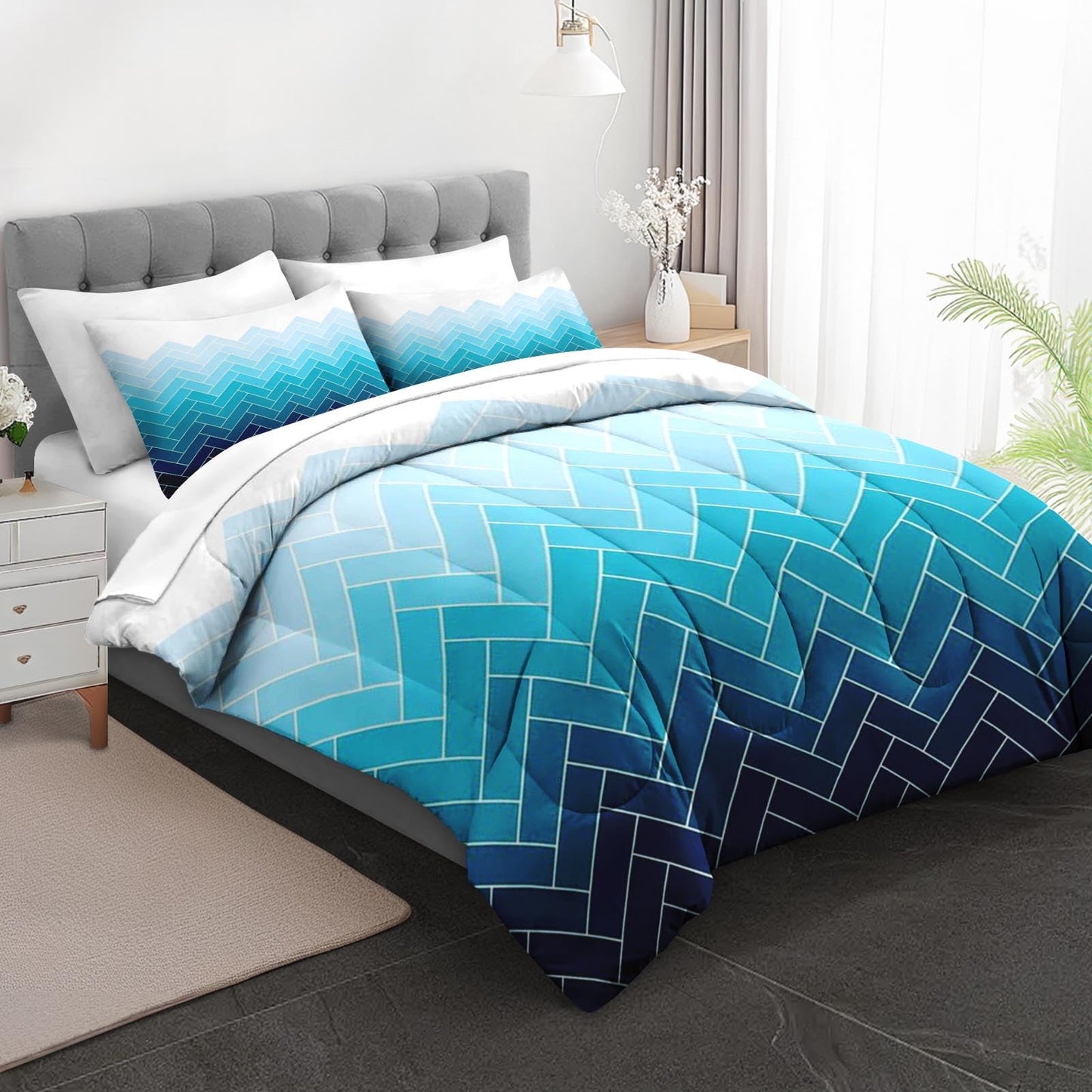 Boewywh Comforter Set Twin Size Geometric Blue Modern 7 Pcs, Bedding for Kids and Adults, Coastal Ocean Bed Sheet Sets with Fitted Sheet 2 Pillowcases & 2 Shams for Bedroom Bed Decor