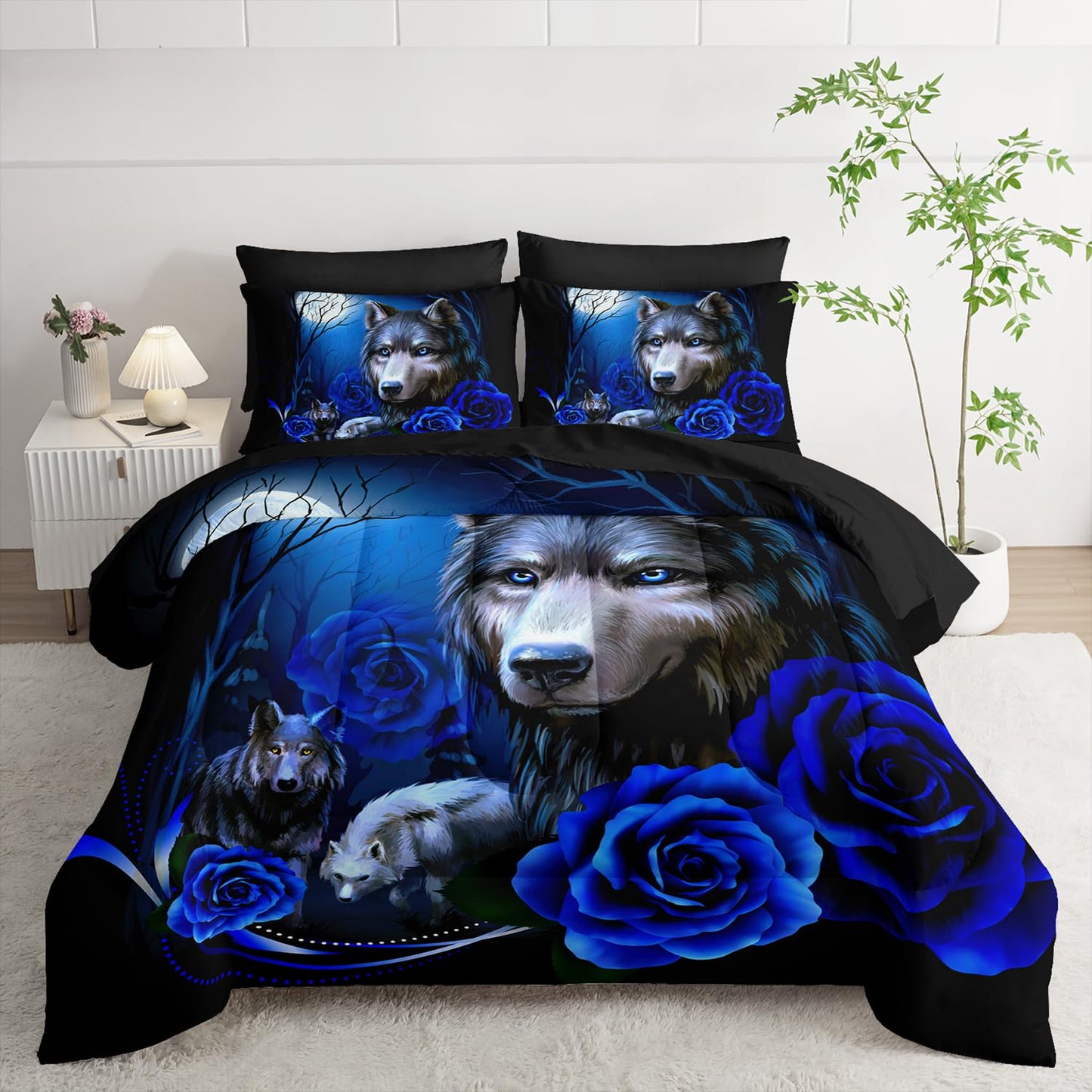 Tuzaovy Wolf Comforter Set 7 Piece Twin Size Bed in A Bag,Animal Bedding for Room Decor,Soft Wolf Comforter Blue Rose Bedding with Fitted Sheet,Flat Sheet, Pillowcases & Shams