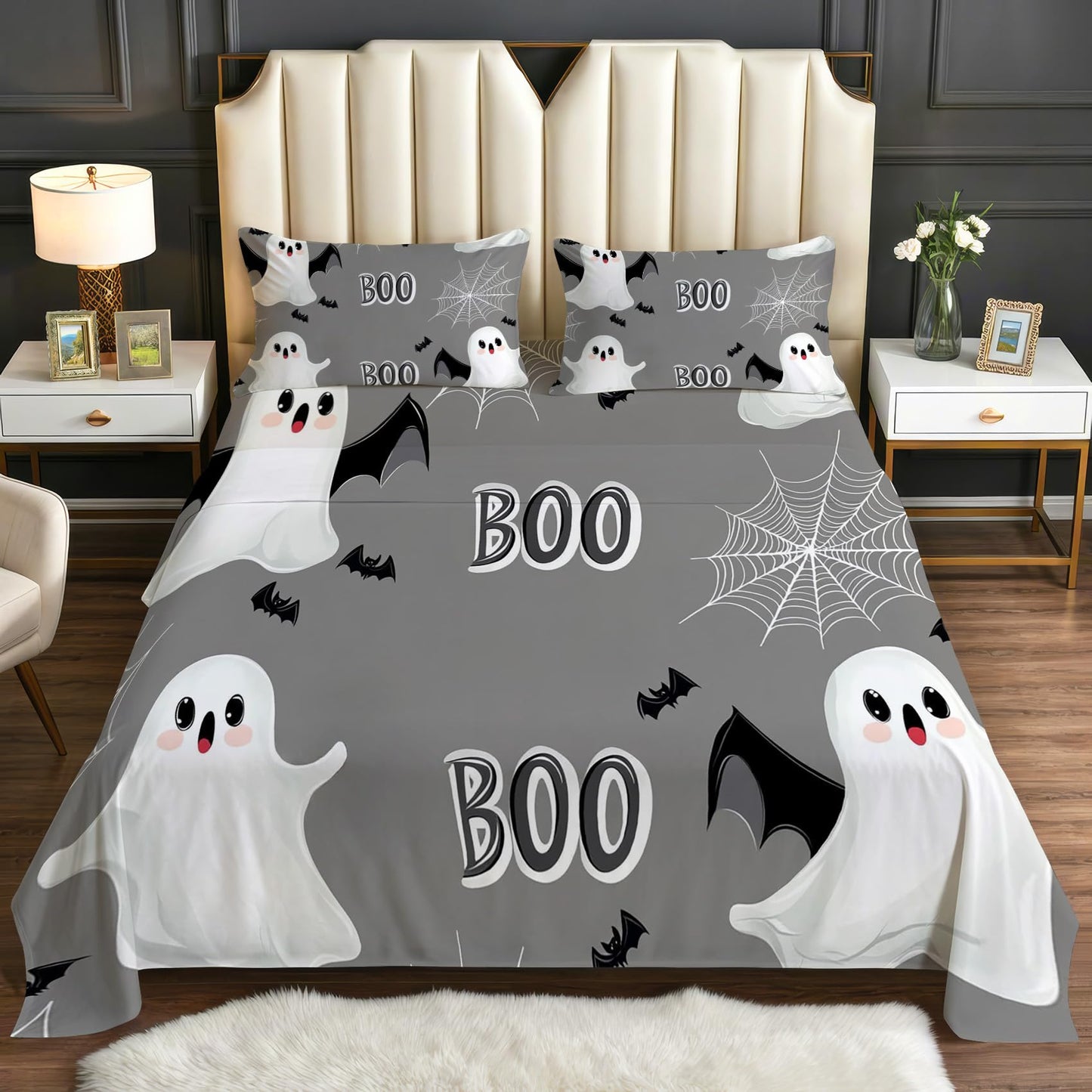 Halloween Sheets Twin Size - Gothic Spooky Ghost Spiderwebs Bed Sheet Set - Deep Pocket Soft Microfiber Bedding Set 3 Piece - Fitted Flat Sheet Pillowcase - Halloween Bedroom Decor & Gifts