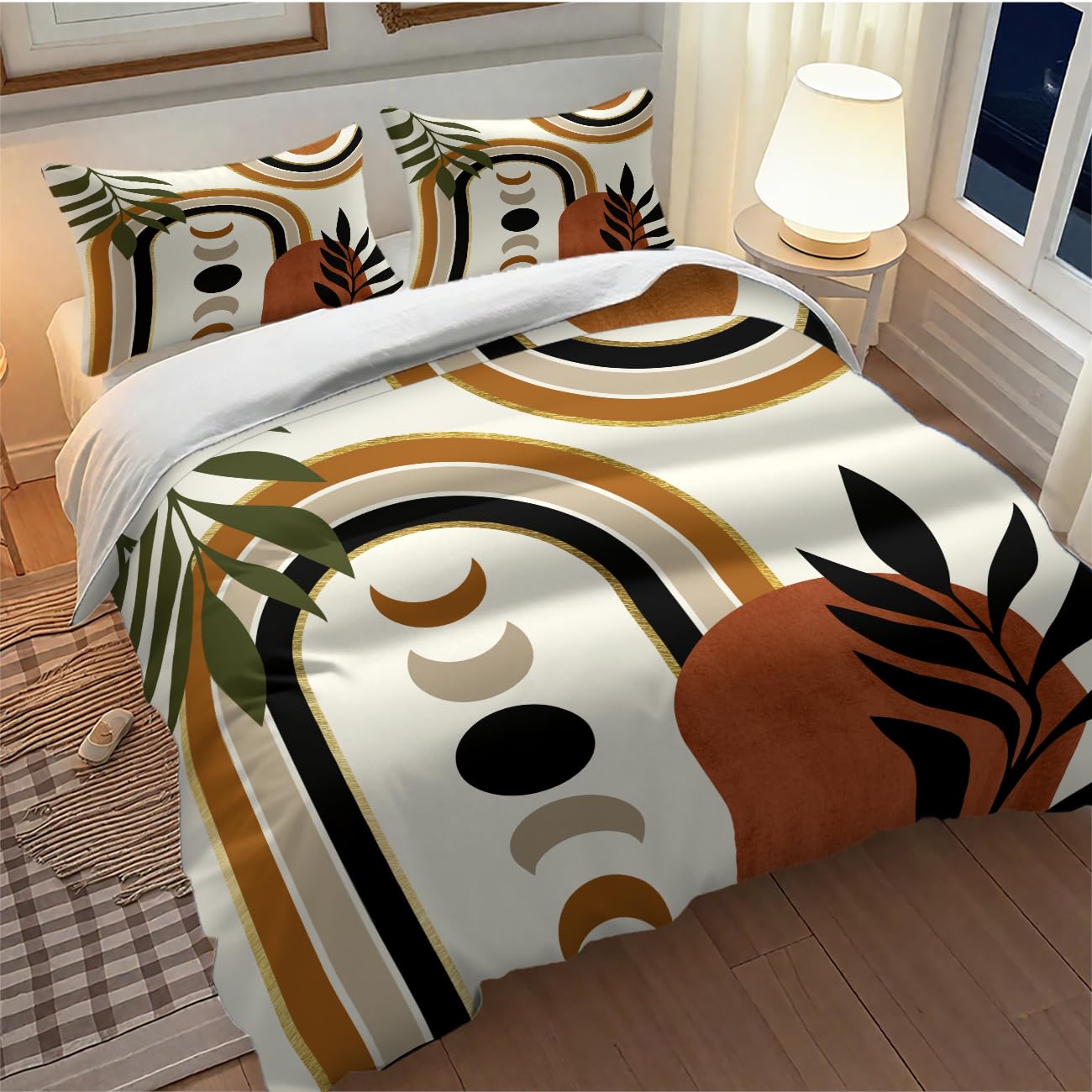 Lnepty Bohemian Leaf Comforter Set,Mid Century Abstract Tropical Plant Minimalist Modern Geometric Palm Leaf Simple Bedding Duvet Cover Sets with Pillowcase for Bedroom Bed Decor，Twin 86"x70"
