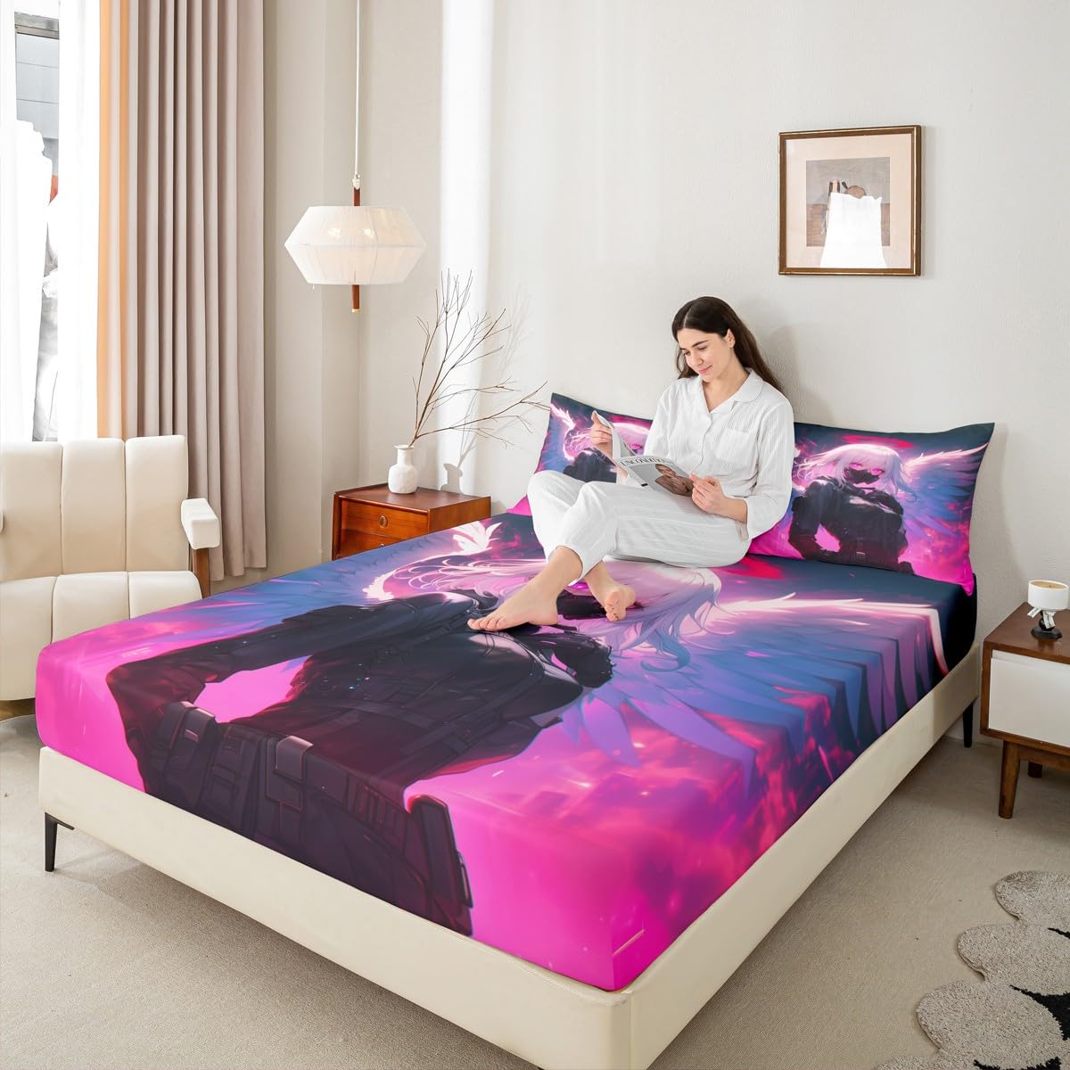 Erosebridal Full Japanese Anime Bedding Set Anime Girl Fitted Sheet for Kids Girls Teens Men Bedroom, Cartoon Girl Bed Sheets Kawaii Japanese Animation Sheets 3 Piece with 2 Pillow Cases