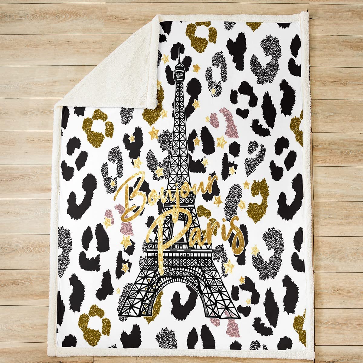 Feelyou Eiffel Tower Sherpa Fleece Throw Blanket for Kids, Boys & Girls - Paris Tower Plush, Cheetah Print, Fuzzy, 30x40 Inches