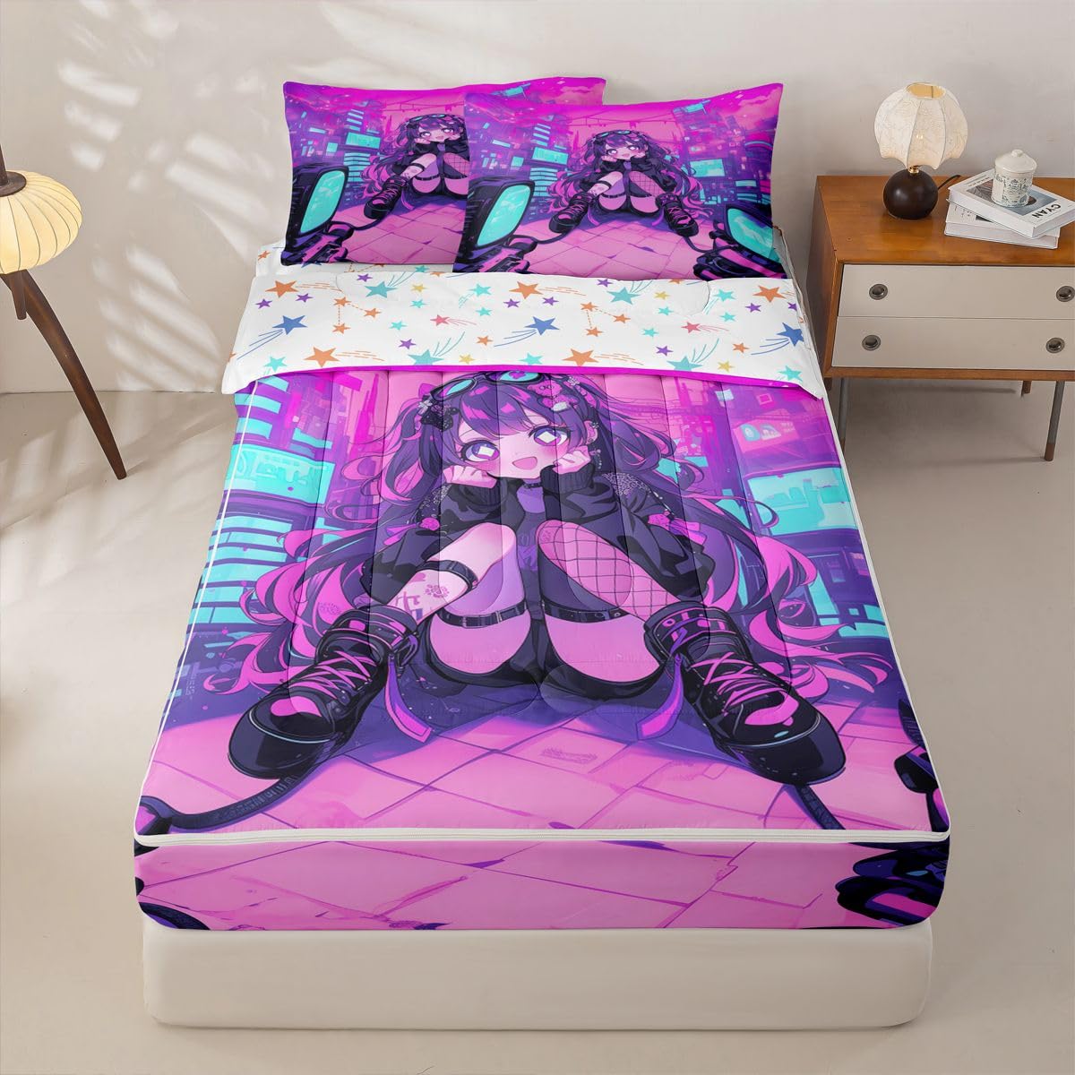 Erosebridal Fashion Girls Kids Comforter Set with Zipper, Japanese Girl Twin Size Zipper Bedding Set, Girly 3D Gaming Bed-in-A-Bag