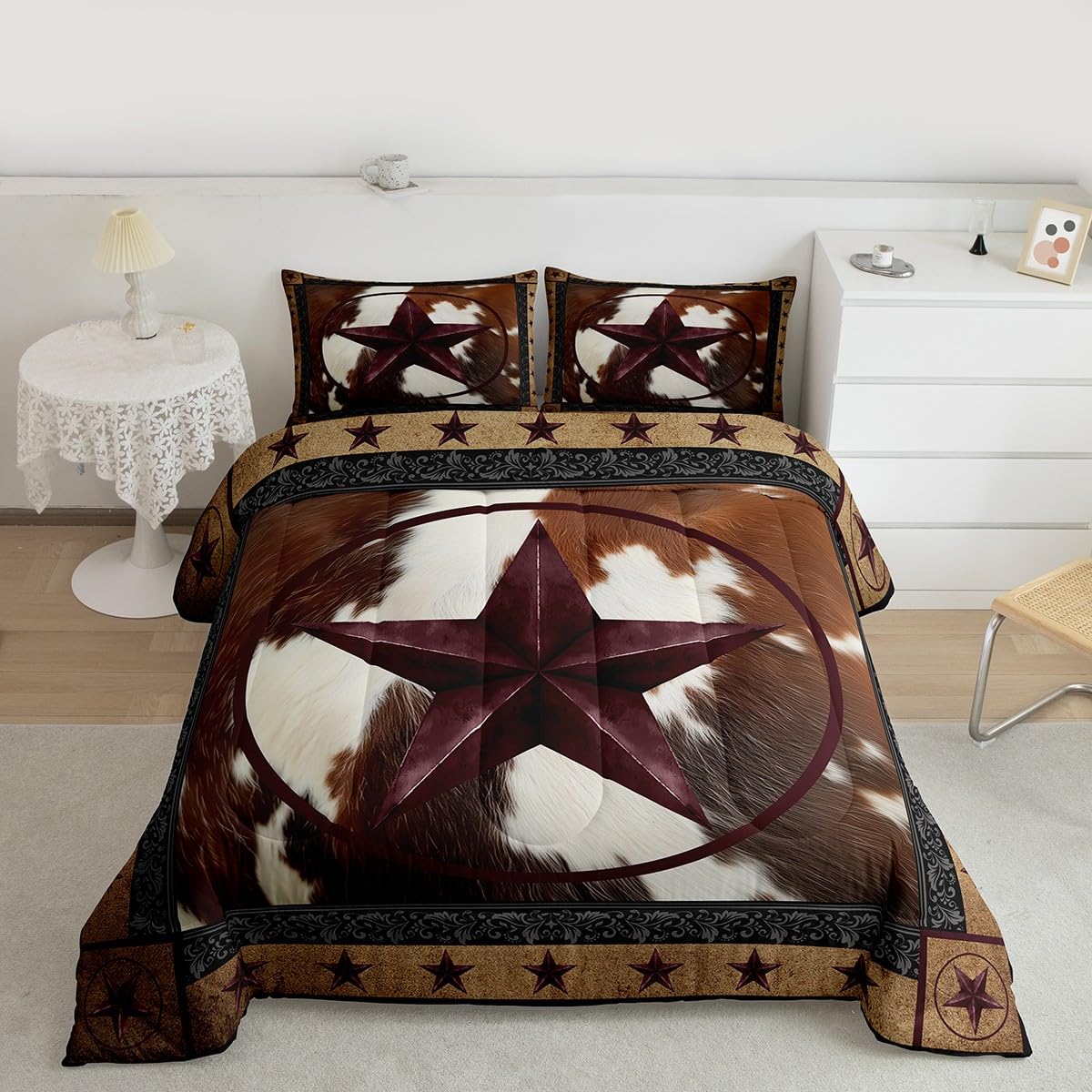 jejeloiu Western Texas Star Comforter Set Queen Size Cowhide Bedding Set for Kids Boys Girls Farmhouse Rustic Duvet Quilt Cow Fur Print Bedroom Decor Microfiber 3 Pcs with 2 Pillow Cases