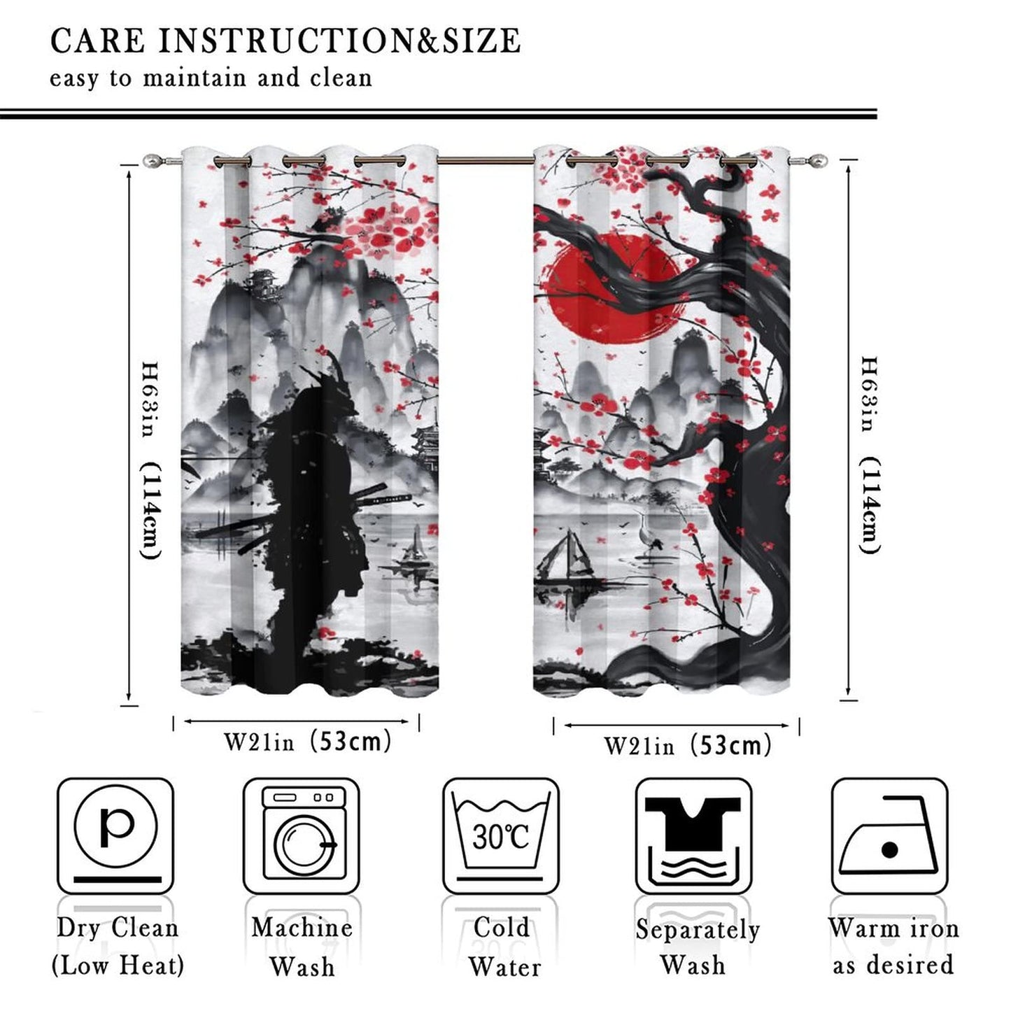 Retro Japanese Blackout Curtains for Bedroom,Watercolor Ink Samurai Red Sun Mountain Cherry Blossoms Grommet Thermal Insulated Room Darkening Curtains Window Curtains 2 Panels 45L x 21W