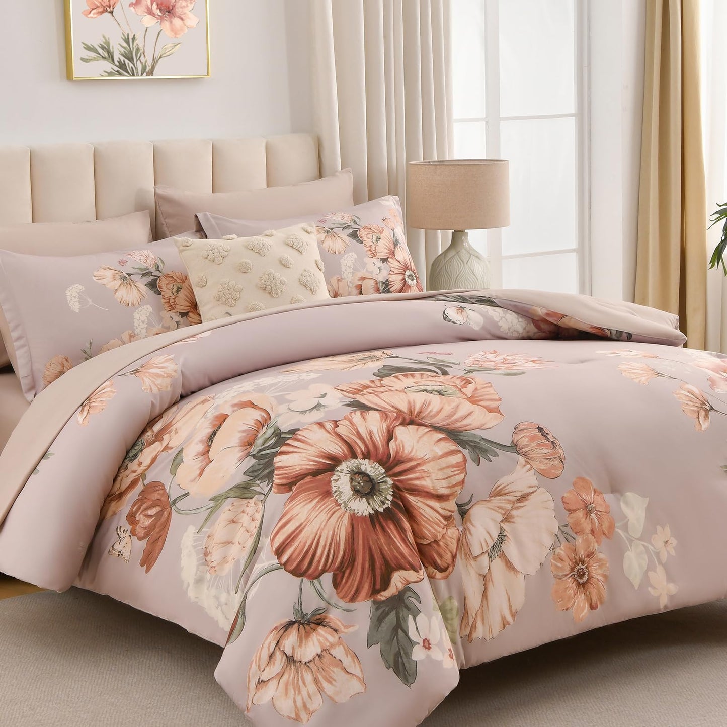 LLDSYW Queen Comforter Set - 7 Pieces Bed in a Bag Khaki Floral Queen Comforter Set with Sheets, Soft Microfiber Flower Complete Bedding Set for All Seasons（Khaki,90"x90"）