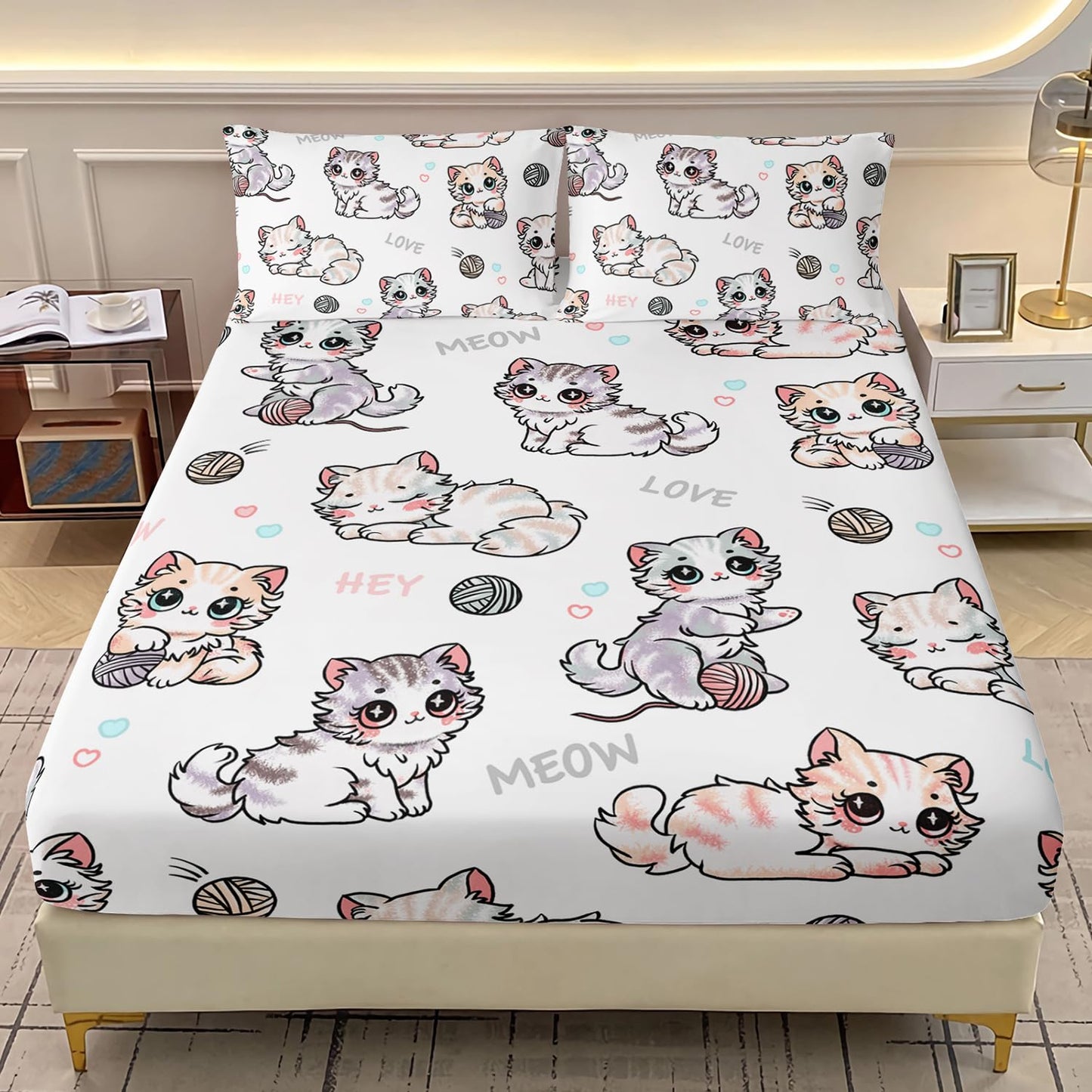AILONEN Kids Cute Cat Fitted Sheet Set Twin Size, Cartoon Cat Print Bedding Set for Girls,Kawaii Animal Theme Microfiber Bed Sheet Set for Bedroom Decor,1 Fitted Sheet and 2 Pillowcases,3 Pieces