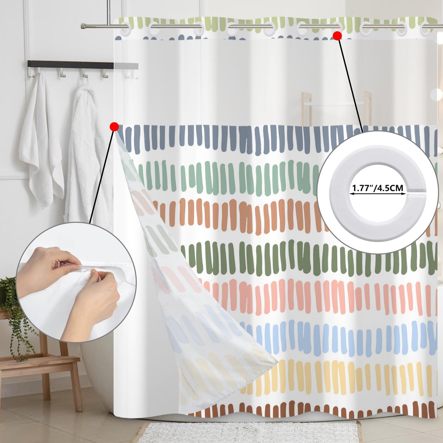 Baocicco No Hook Multicolour Stripe Shower Curtains with Snap-in Fabric Liner Set for Bathroom Rainbow Striped Hotel Shower Curtain and Liner Set See Through Shower Curtain with Window 71x74 Inch