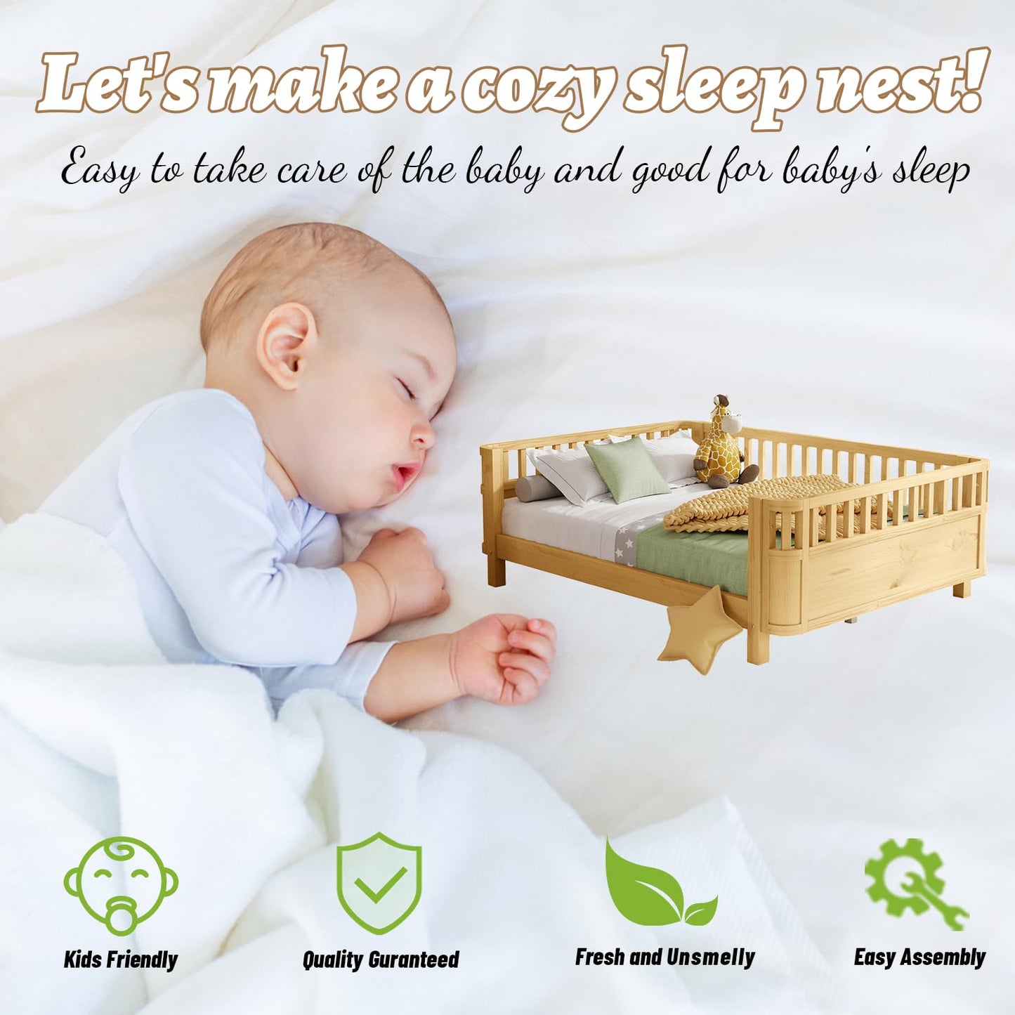 OYUMOENTS Full Size Kids Bed Frame, Low Profile Montessori Bed Full with Rails, Wood Daybed for Girls & Boys, No Spring Box Required, No Squeaks, Natural