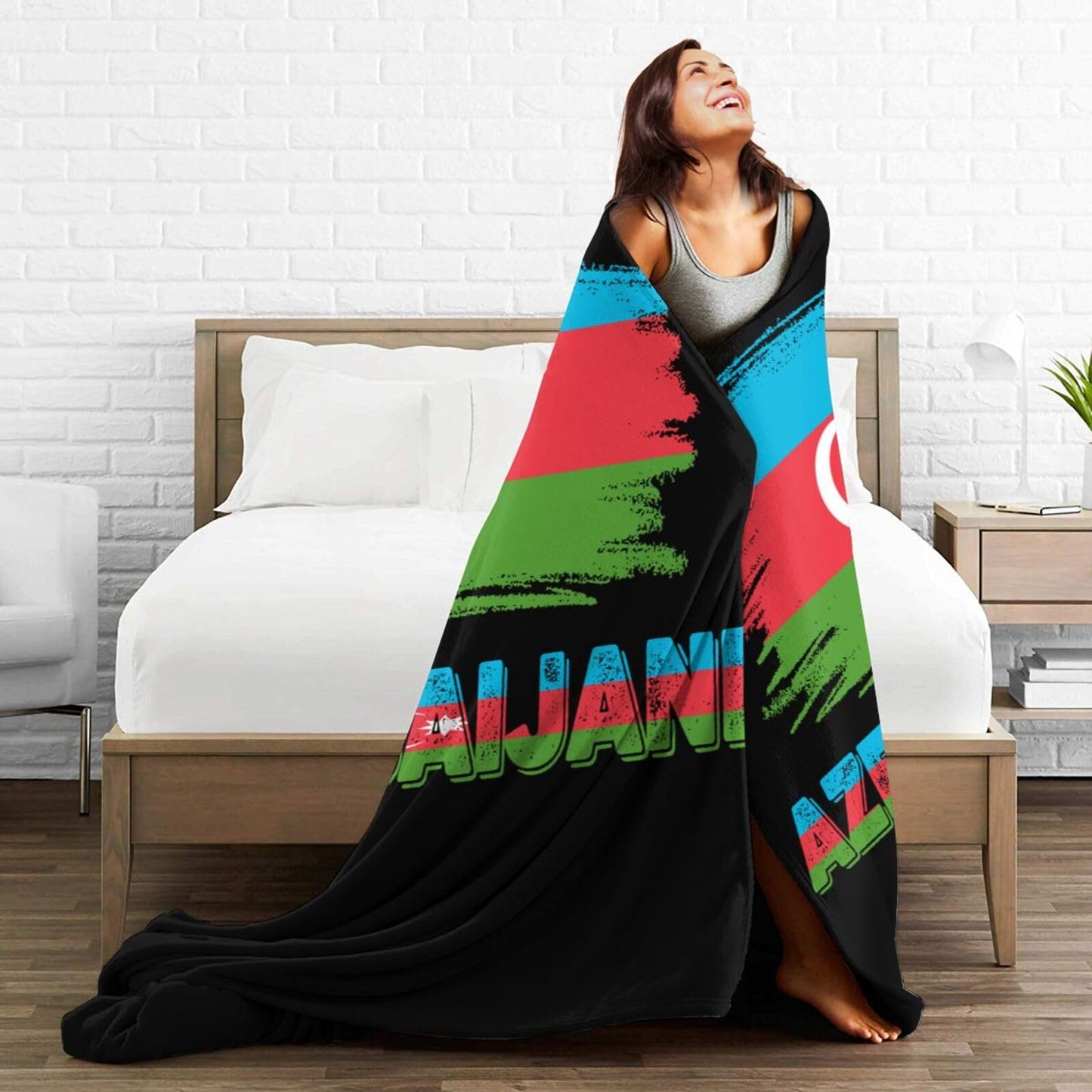 Azerbaijani Flag Blanket Throw Blanket for Couch Sofa Plush Fleece Bed Blankets Lightweight Comfy Flannel Ultra-Soft Warm Blankets for Home Camping Travel Gift 80"X60"