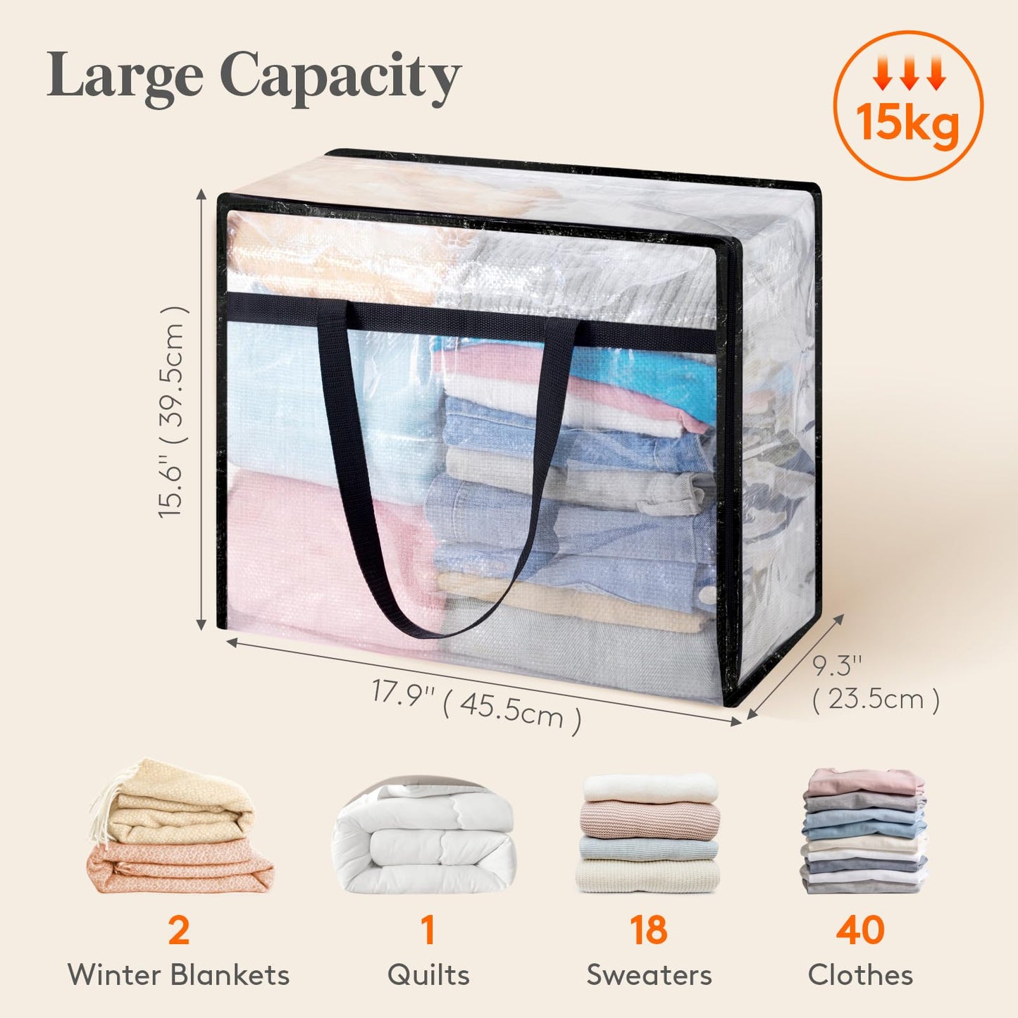 Lifewit 6 Pack Clear Blanket Storage Bags, Foldable Plastic Clothes Organizer with Zipper, Closet Organization Containers and Moving Bag for Comforter, Bedding, Duvet, 40L
