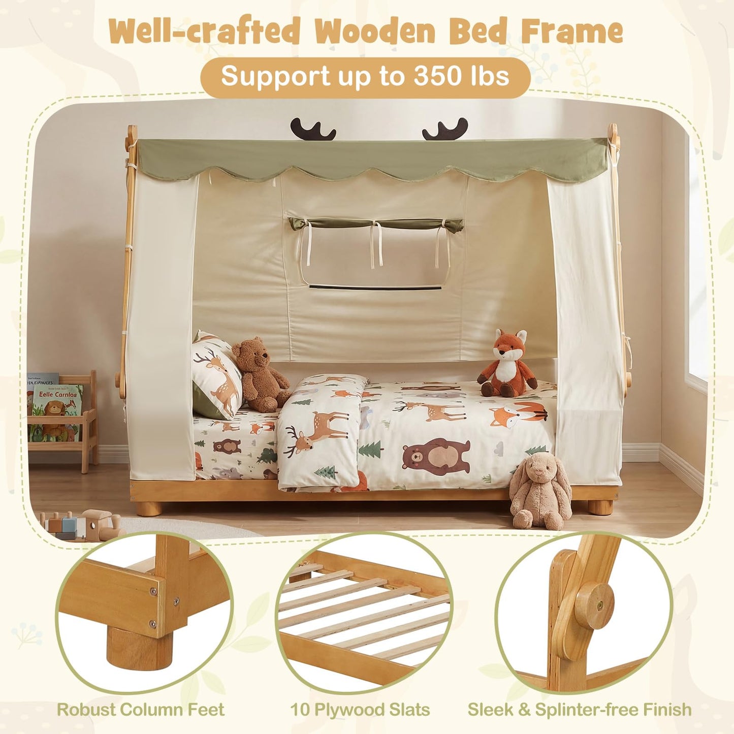 Costzon Twin Bed Frames for Kids, Wooden House Antlers-Shaped Floor Bed
