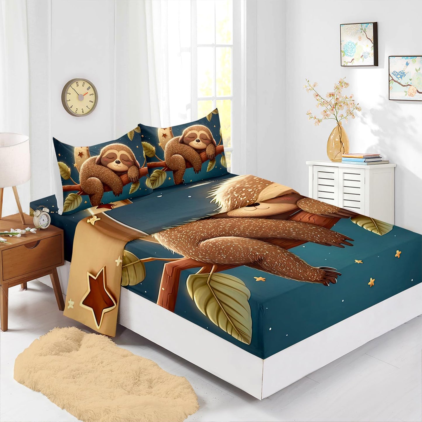 XYNHML Kawaii Cute Brown Sloth Sheet 4Pcs Full Galaxy Moon Sheet Universe Outer Space Star Bedding for Kid Teen Girl Boy Sleeping Sloth Bed Decor with 1 Flat Sheet and 1 Fitted Sheet+2 Pillowcases