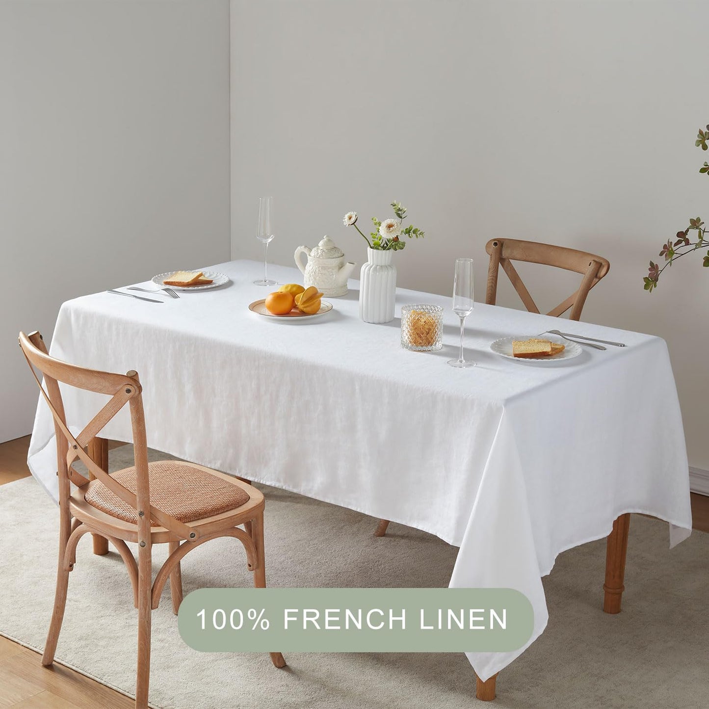 TOSMO 100% French Linen Tablecloth, Washable Farmhouse Rectangle Table Cloth for Kitchen, Dining, Party, Cocktail, Indoor and Outdoor Daily Use(52''x70'',White)