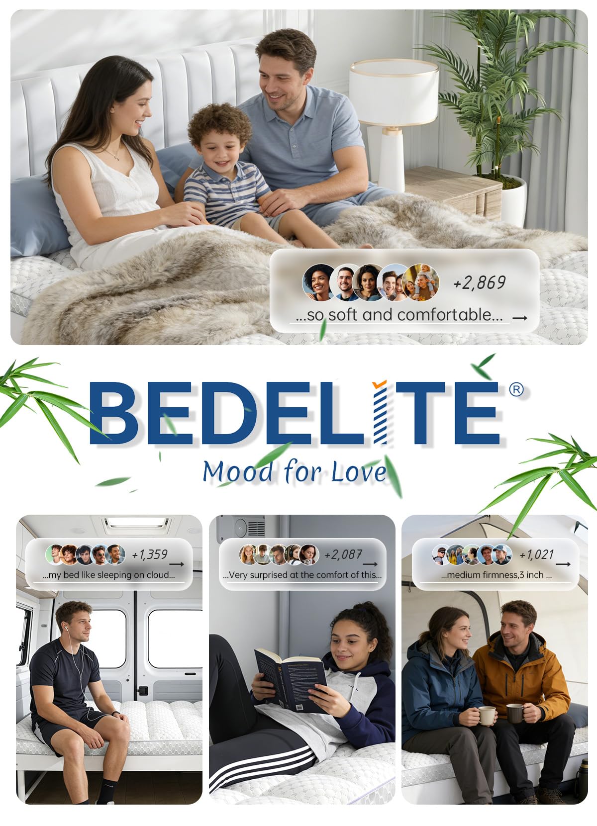 BEDELITE Queen Mattress Topper 3 Inch Thick Mattress Pad, Plush Pillow Top Bed Cover with Elastic Deep Pockets Up to 6-24 Inch for Pressure Relief, Shredded Memory Foam Filling (White)