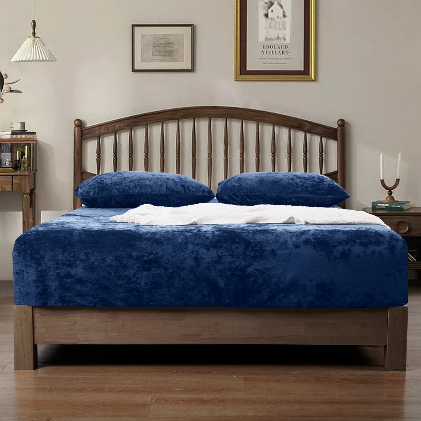 PHF Truly Velvet Fitted Sheet Only Queen Size, Luxury Super Soft Cozy Fuzzy Fleece Bottom Sheet, Deep Pocket Up to 16",Strenghth Elastic Band,Suitable for Fall Winter Spring, No Pillowcases, Navy Blue