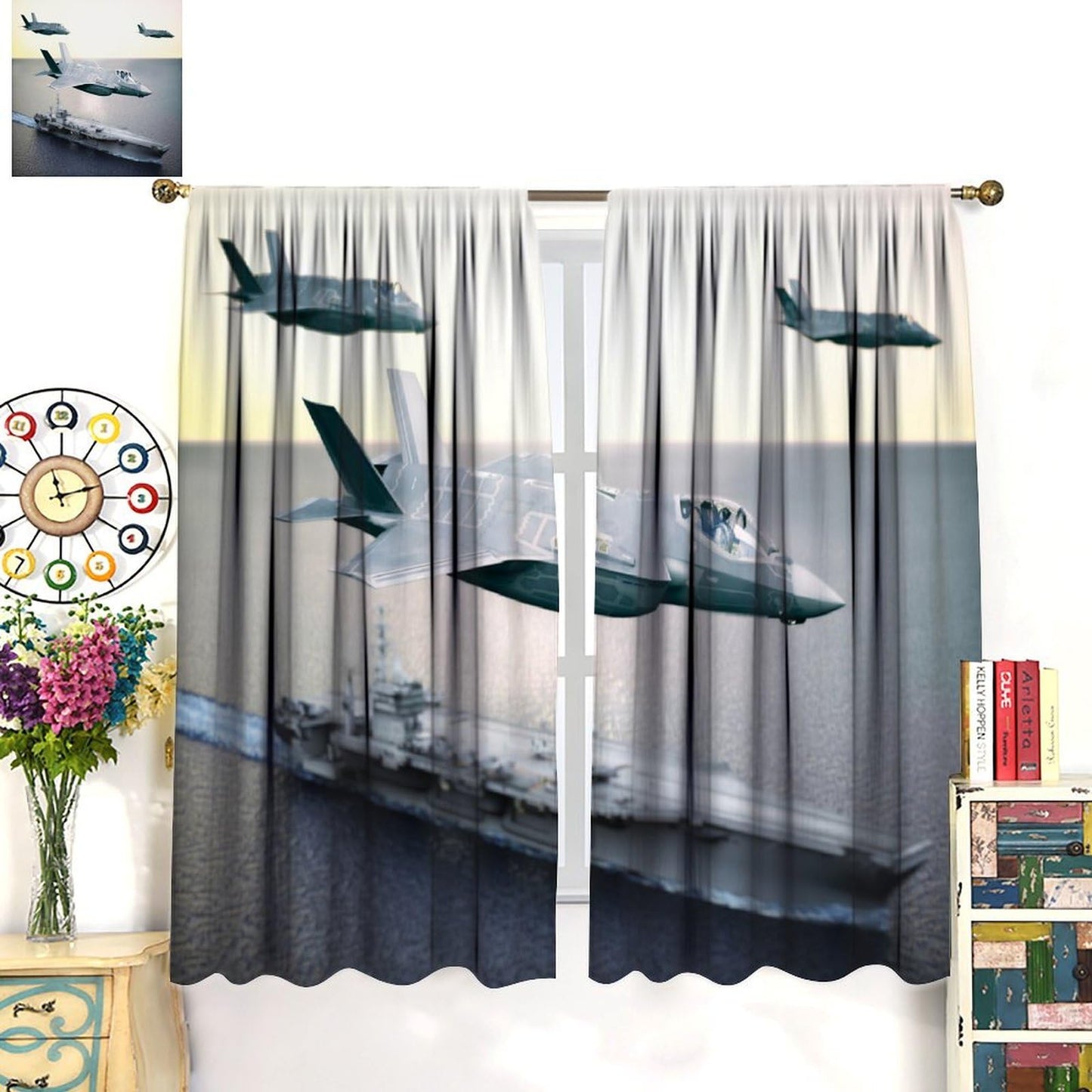 Military Aircraft Carrier Curtains, Maritime Warfare Technology Carrier Fighter Fleet Blackout Windows Treatments, Thermal Insulated Drapes For Kids Boys Adolescents Living Room Bedroom 42x45in