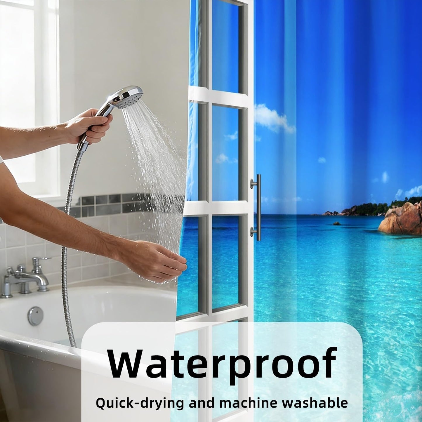 Yeele Ocean Beach Fake Window Shower Curtain, Tropical Seascape Bathroom Decor, Machine Washable Decorative Bath Curtain 60x72 Inch with Hooks