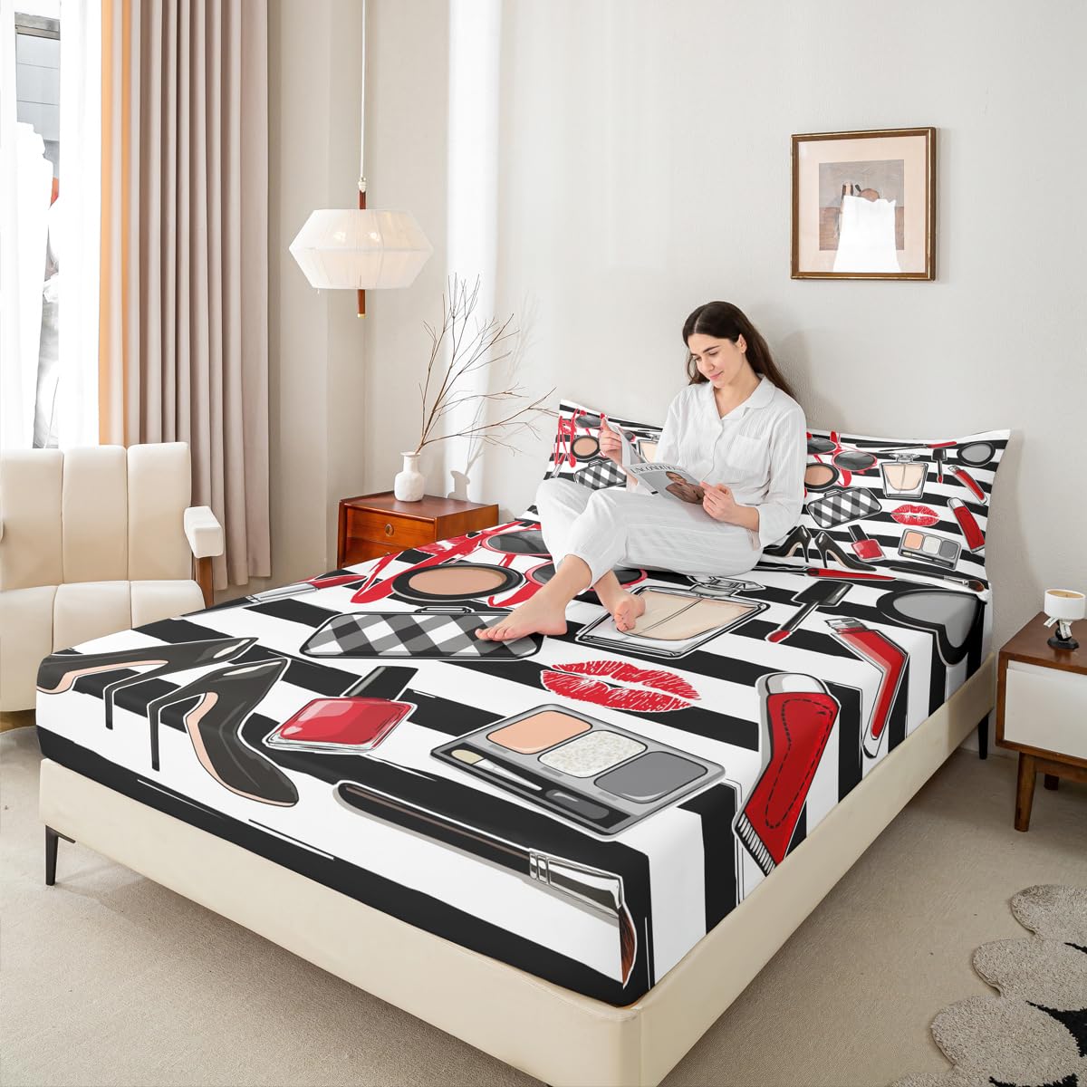 Homewish Makeups Fitted Sheet Queen,Glasses Lipstick Lips Bedding Set 3pcs for Girls Woman Teens Room Decor,Black White Stripes Bed Cover Modern Bed Sheet Set with 2 Pillowcases