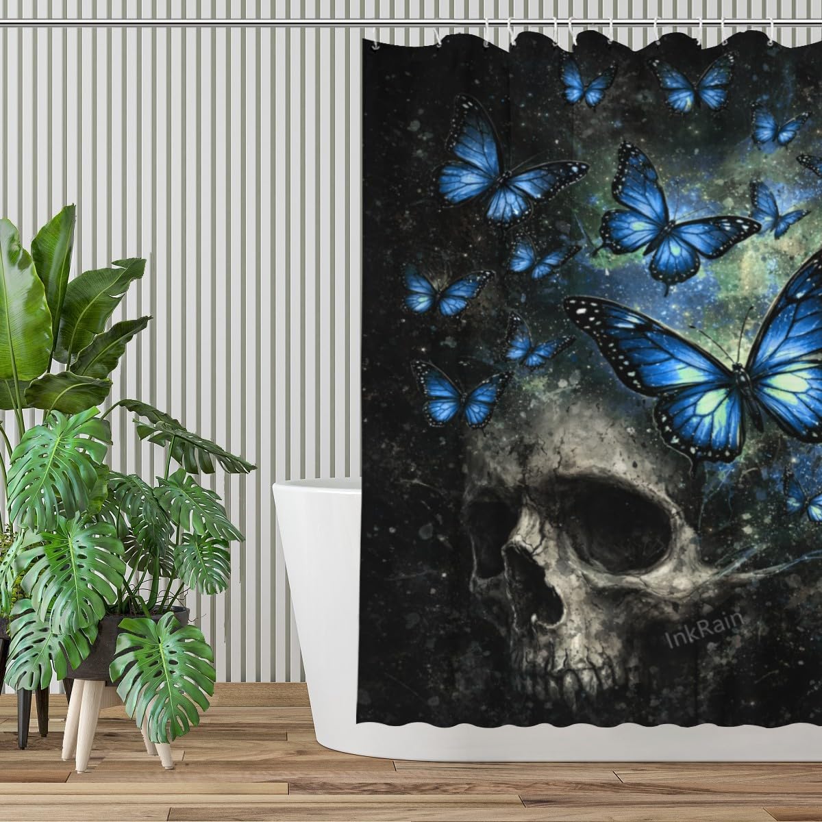 InkRain Gothic Blue Butterfly Skull Shower Curtain 70x84 Inch Black Fantasy Art Bathroom Decor Waterproof Fabric Includes 12 Hooks