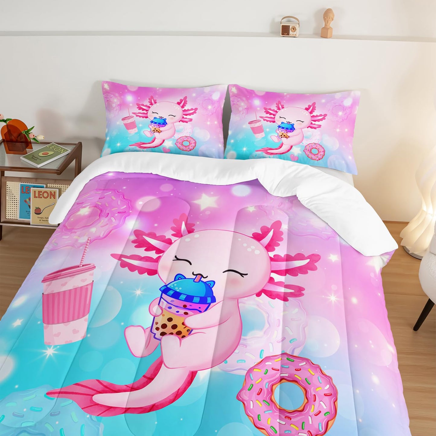 HOSIMA Axolotl Comforter Full Size Cute Animal Bedding Room Decor for Teen Girls Dessert Milk Tea Donut Bed Princess Toddler Bedding Set Fantasy Blue Purple Full Size Bed in a Bag for Adults Kids.