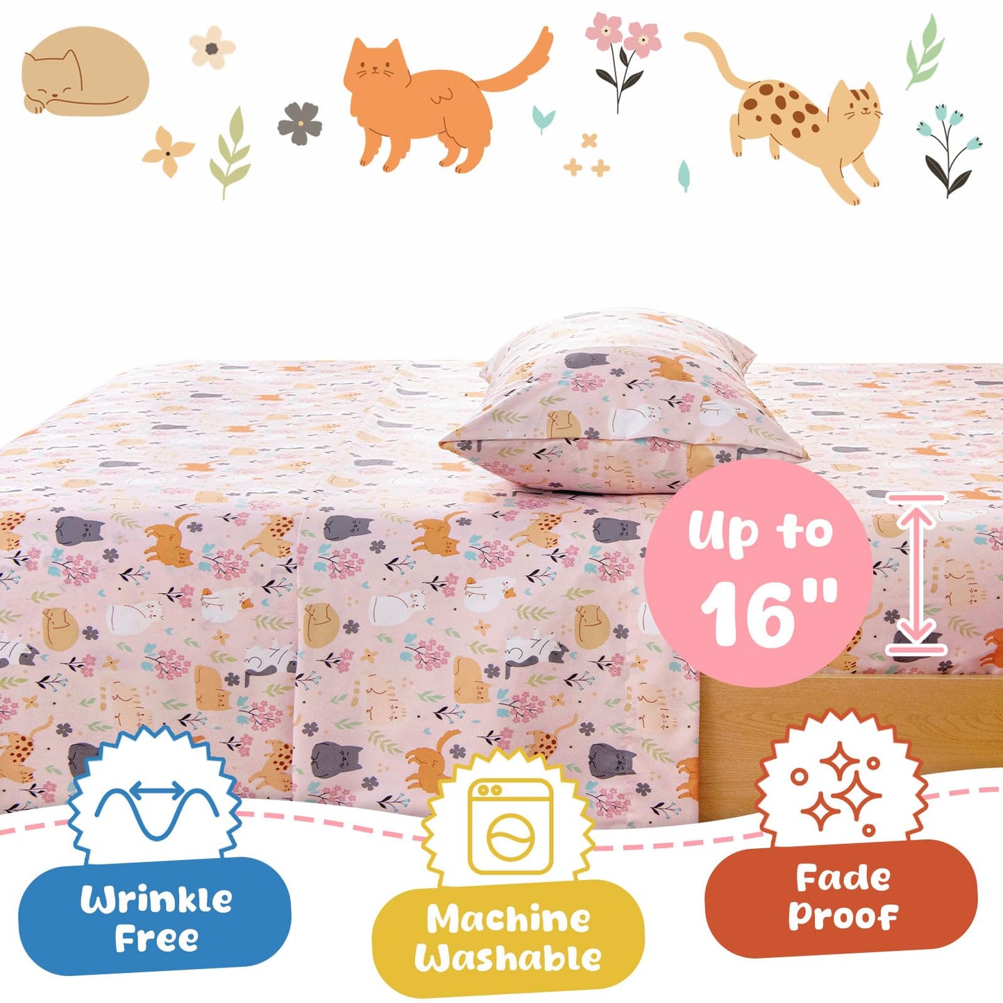 Swiftify Twin Sheet Set for Kids Girls, 3-Piece Bed Sheet Set for Toddler, Soft Brushed Microfiber Bedding, Deep Pocket, Wrinkle & Fade Resistant, Cute Cats