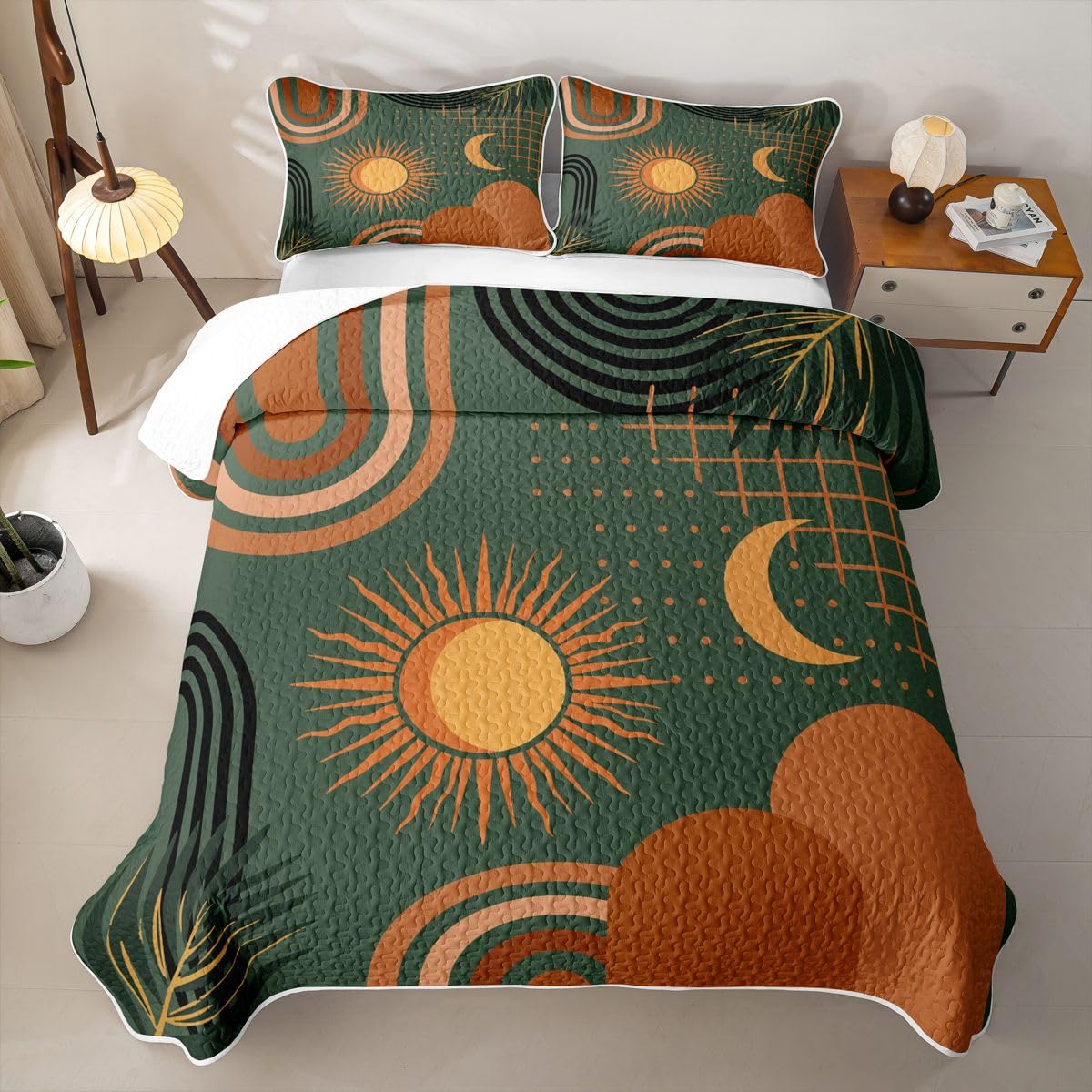 Erosebridal Boho Mid Century Quilted Bedspreadd Set Twin Sun Moon Coverlet Set Bohemian Abstract Geometric Bed Set Forest Green Bedding Set