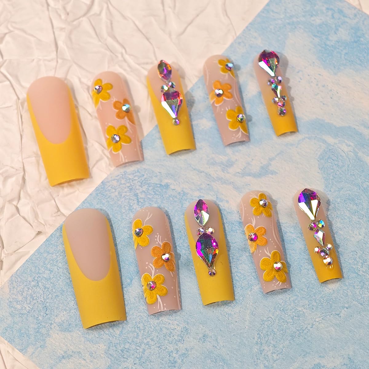 Long Press Coffin False Nails with Yellow Ombre Design Full Cover Glue on Rhinestones Stick on Acrylic Artificial Nails for Women Manicure 24Pcs